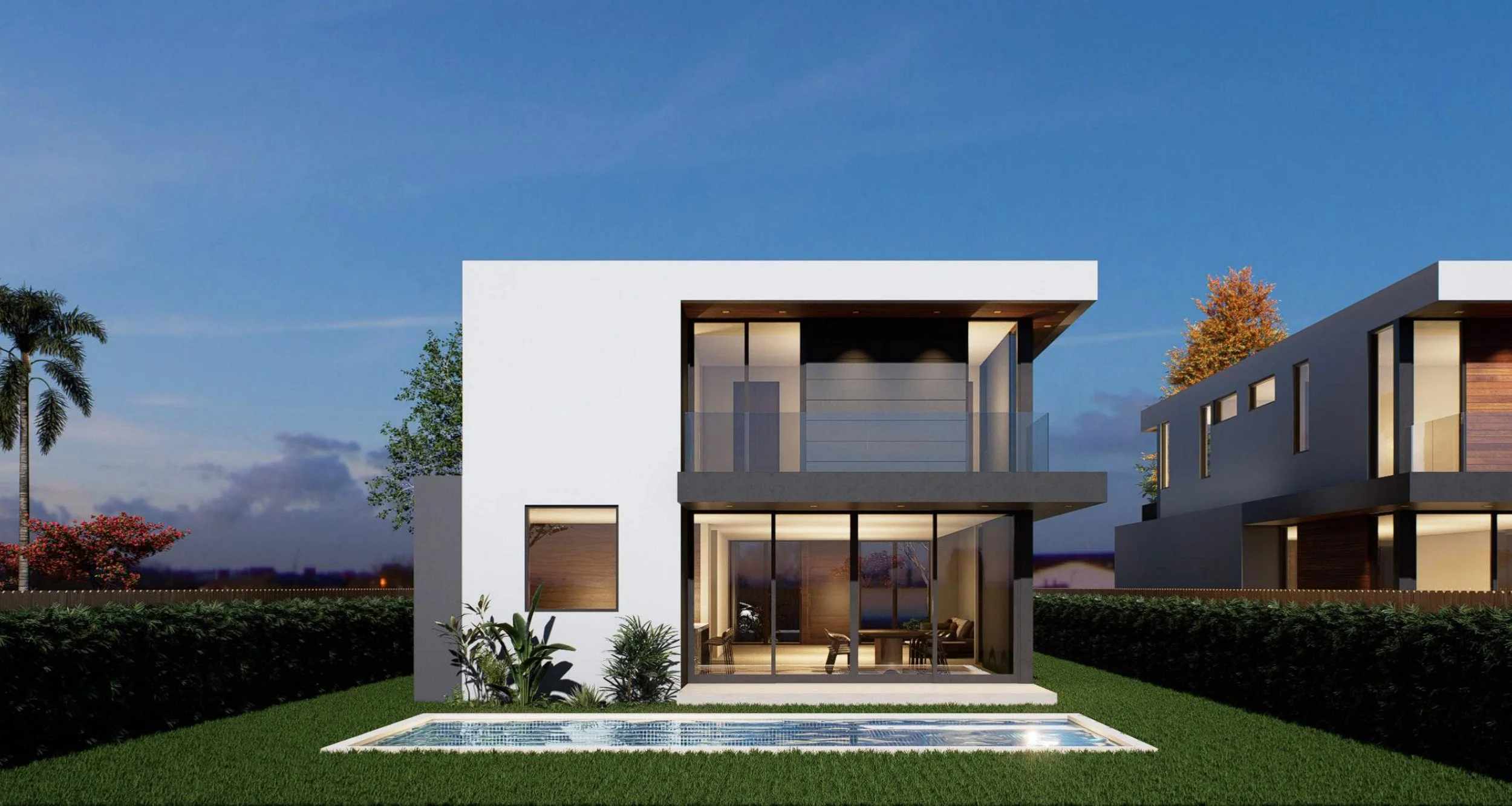 Modern two-story house with large glass windows, a balcony, and a backyard with a swimming pool, surrounded by green bushes and trees, under a blue sky.