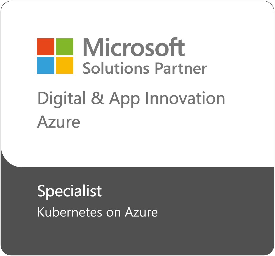 Microsoft Solutions Partner badge for Digital and App Innovation on Azure, with the title 'Specialist' and focus 'Kubernetes on Azure'.