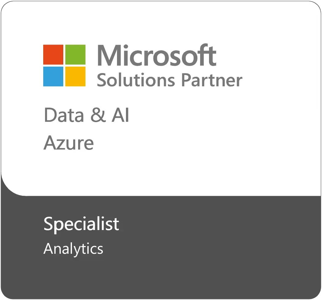 Microsoft Solutions Partner card with Data & AI Azure specialization and Analytics expert title.
