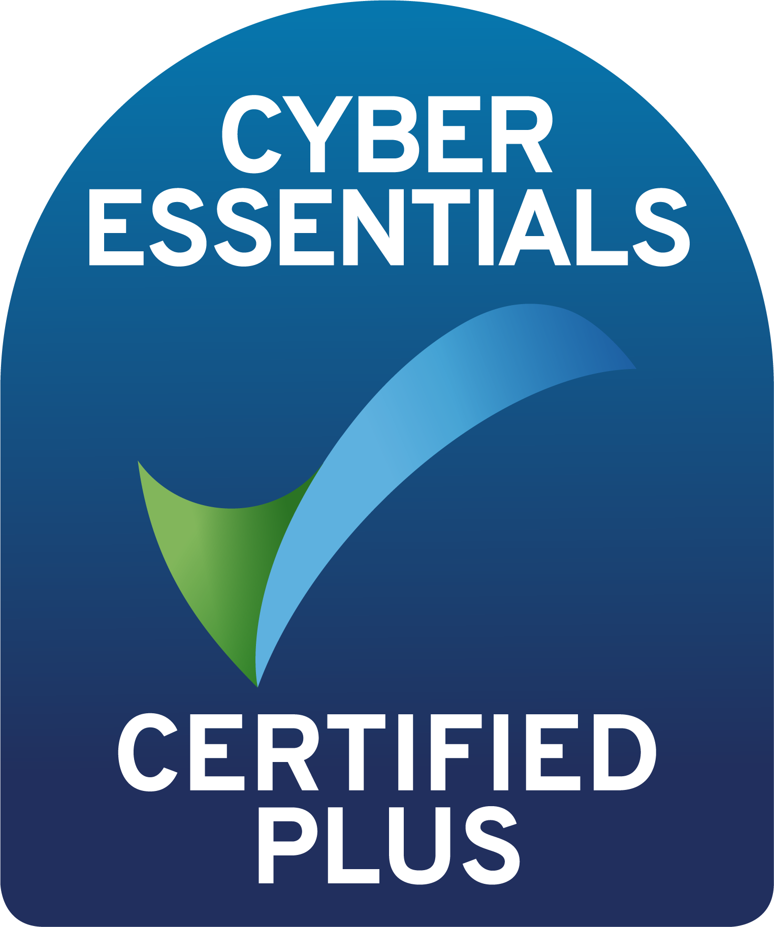 Blue certification badge with green and blue checkmark representing 'Cyber Essentials Certified Plus'