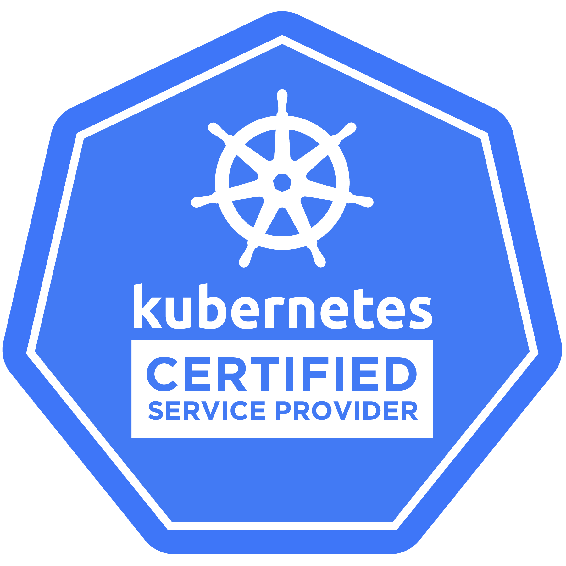 Blue badge with white border featuring a ship's wheel icon and the words 'Kubernetes Certified Service Provider'.