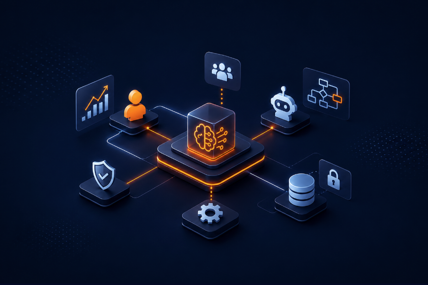 Digital illustration of AI and blockchain technology with interconnected icons, including graphs, user profiles, a robot, a gear, a lock, and a database, on a dark background.