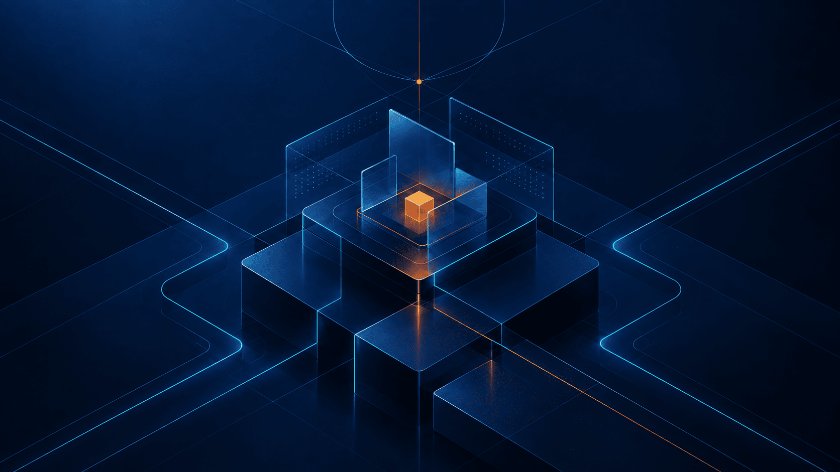 Digital abstract illustration of a central glowing orange cube surrounded by layered transparent and glowing blue squares, set against a dark background with grid lines.