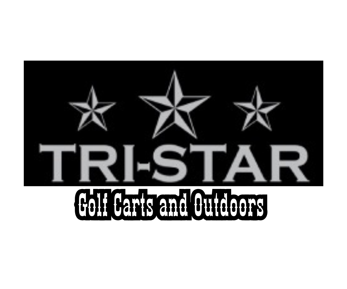 Logo of Tri-Star Golf Carts and Outdoors featuring three silver stars above the words 'TRI-STAR' and the tagline 'Golf Carts and Outdoors' in white text on a black background.