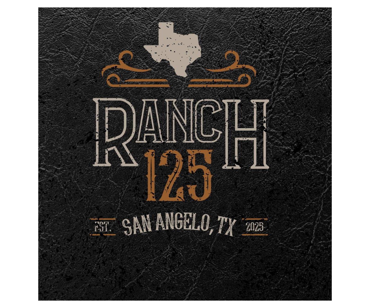 Design for a dance event called 'Ranch 125' in San Angelo, Texas, established in 2025. The design features a textured black background, a silhouette of Texas with a dotted pattern, and decorative orange swirls.