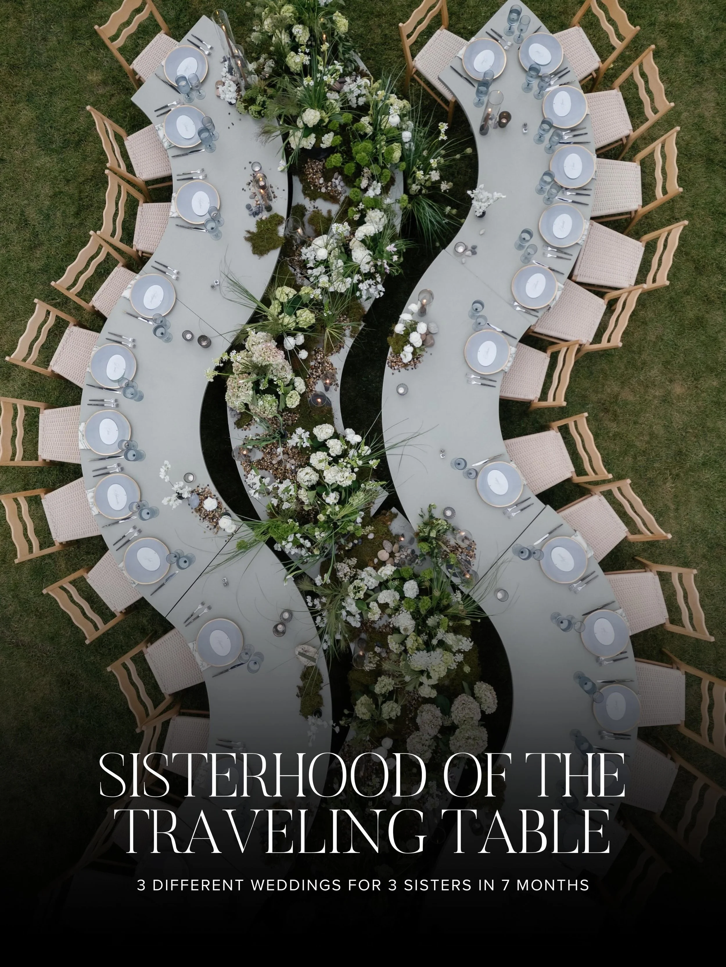 The unofficial fifth sibling in the Ladisic family might actually be these tables. Built by the girls&rsquo; dad, they showed up at all three sisters&rsquo; weddings over the last seven months, each time as something completely different. A river tab