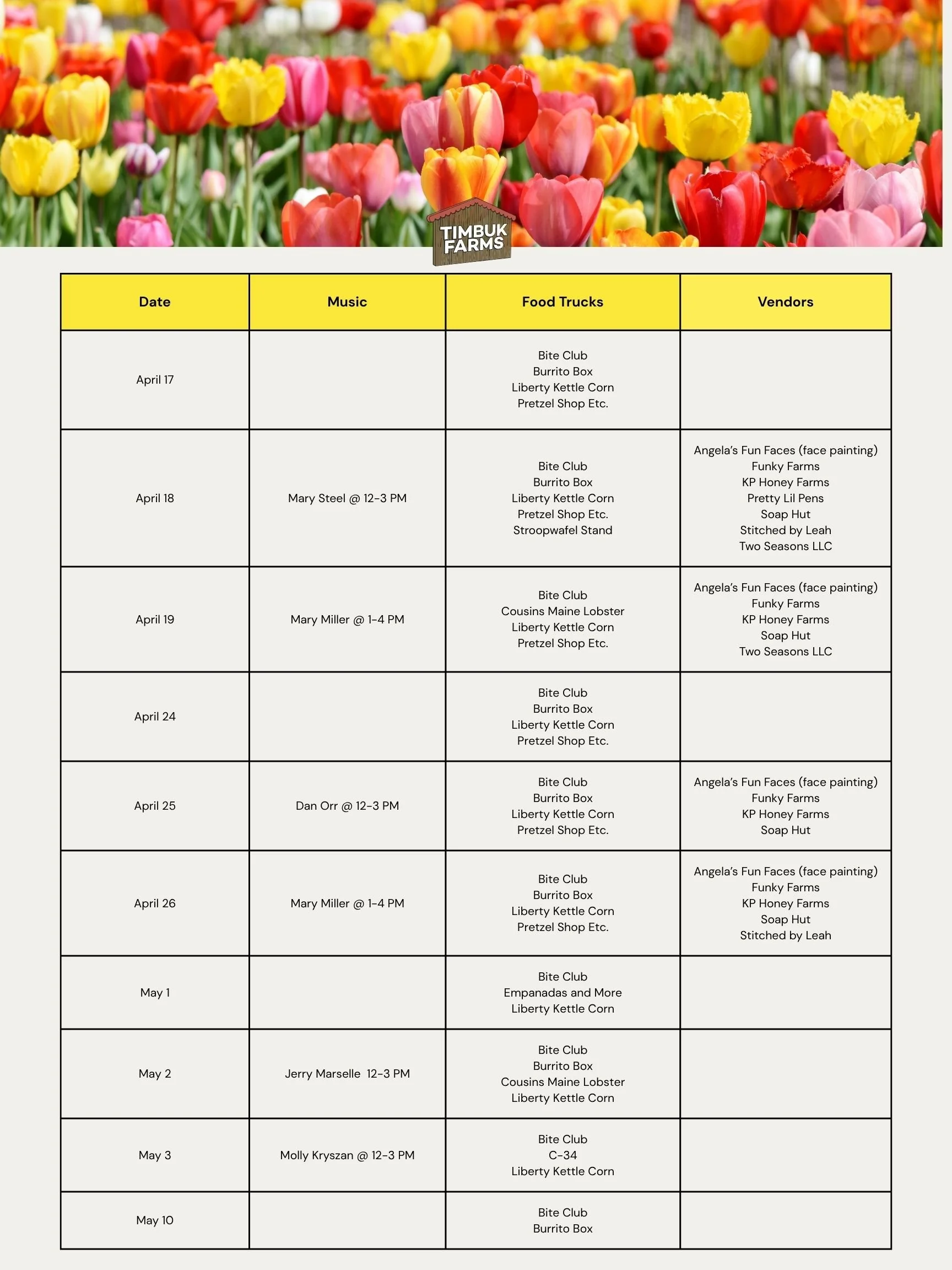 Tulip Festival schedule of music, vendors, and food