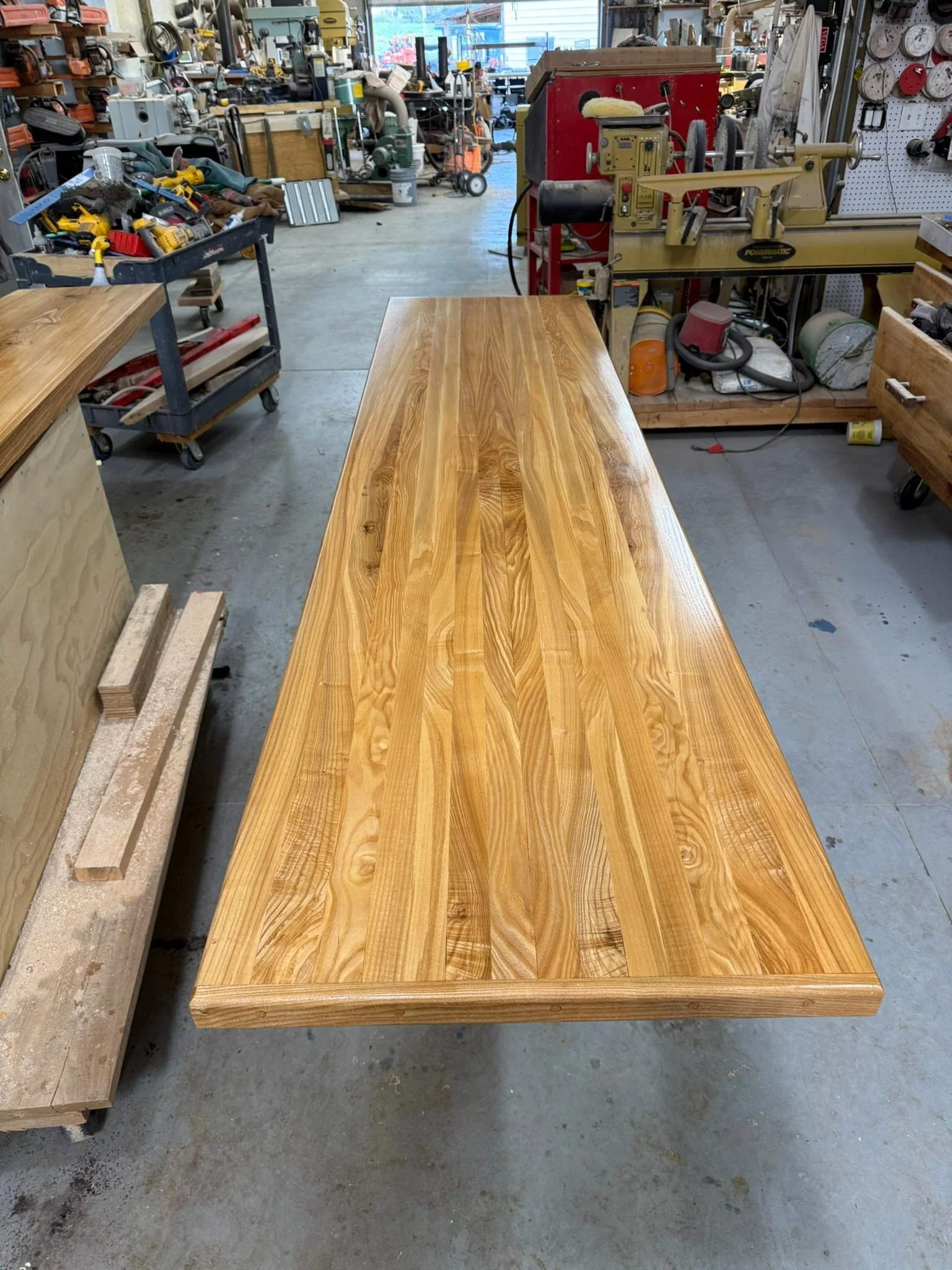 Shipping out today this butcher block shop bench and laundry room countertop. Made of solid ash.