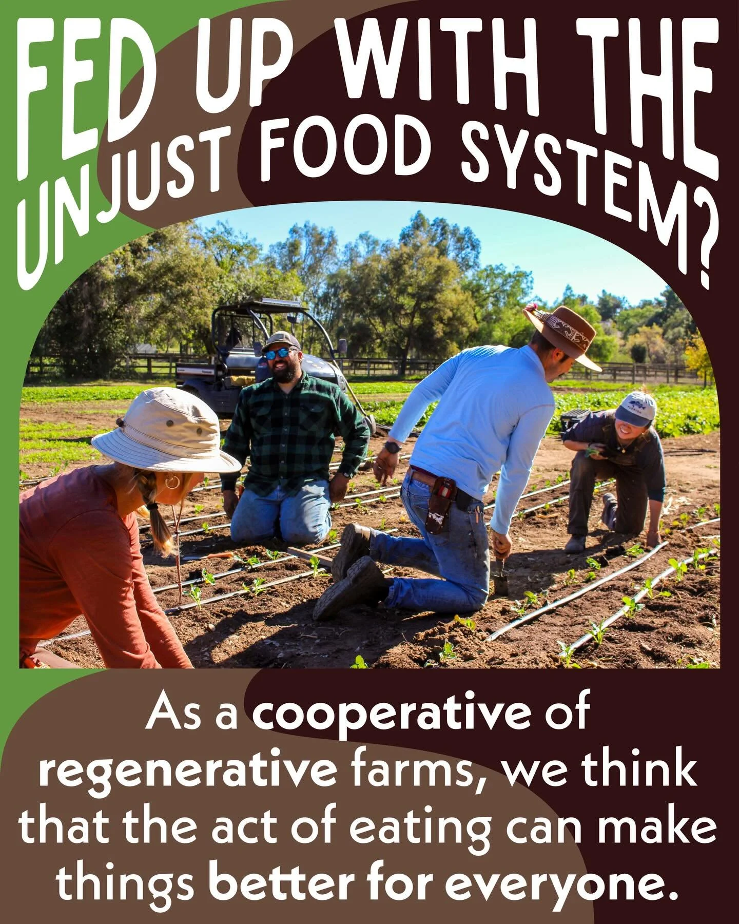 a better world is possible 🌱
Simply feeding yourself shouldn&rsquo;t have to exhaust the land, exploit other people, or sicken your body. Cooperation and regeneration show us another way. We&rsquo;re changing the food system. Join us!