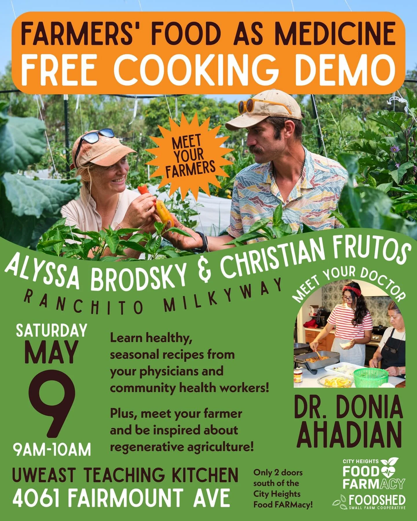 Come through this Saturday 5/9 for our next FREE cooking demo. This time, Dr. Ahadian will be joined by Farmers Alyssa Brodsky and Christian Frutos of @ranchito.milkyway.farmstand 🌌

Alyssa and Christian help people feel more connected to the Earth 