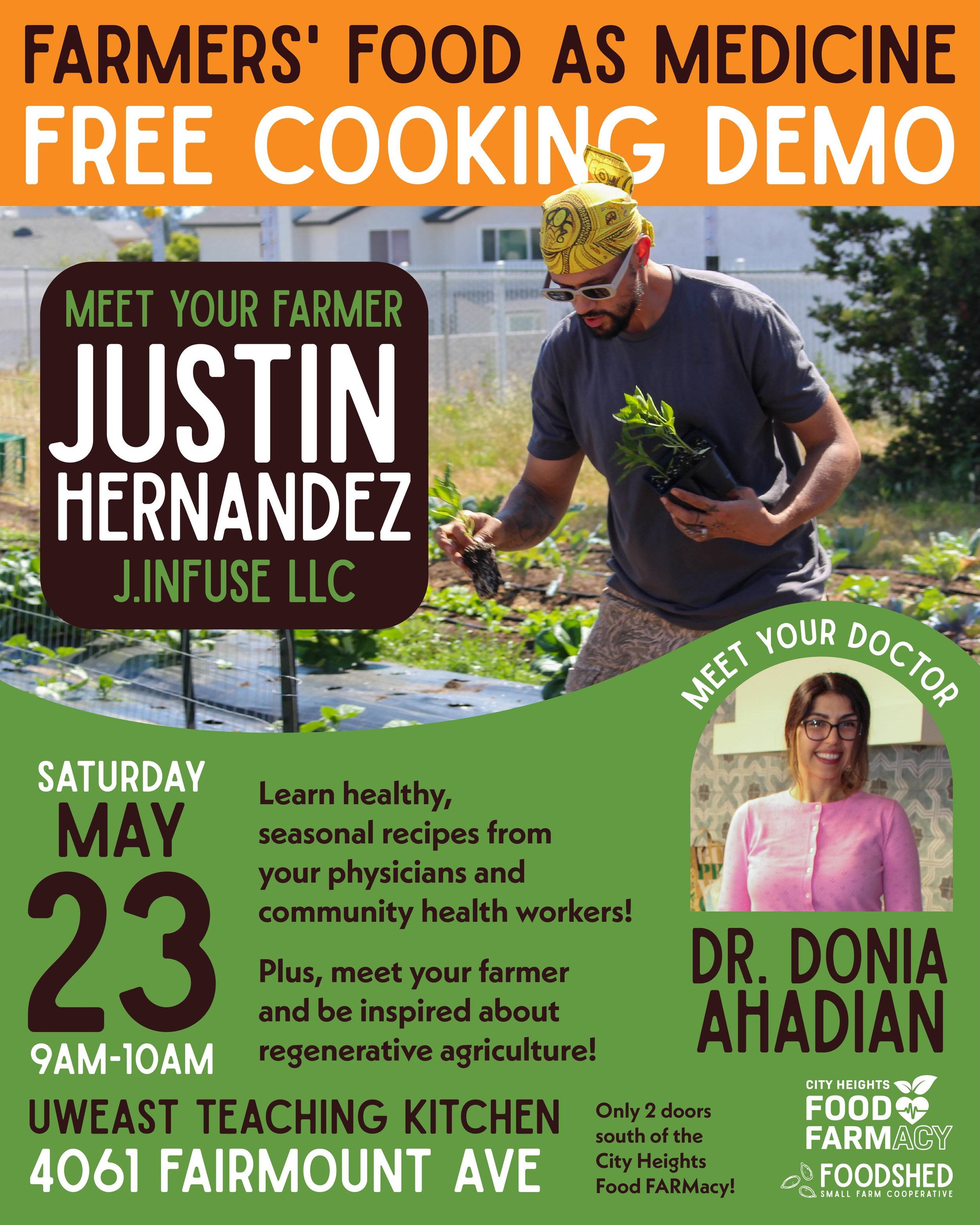 Learn how to use #farmersfoodasmedicine at our next FREE cooking demo this Saturday 5/23. Hear from Dr. Donia Ahadian and Farmer Apprentice Justin Hernandez.

Justin is the chef/owner of @j.infuse LLC and one of Foodshed&rsquo;s beginning farmer appr