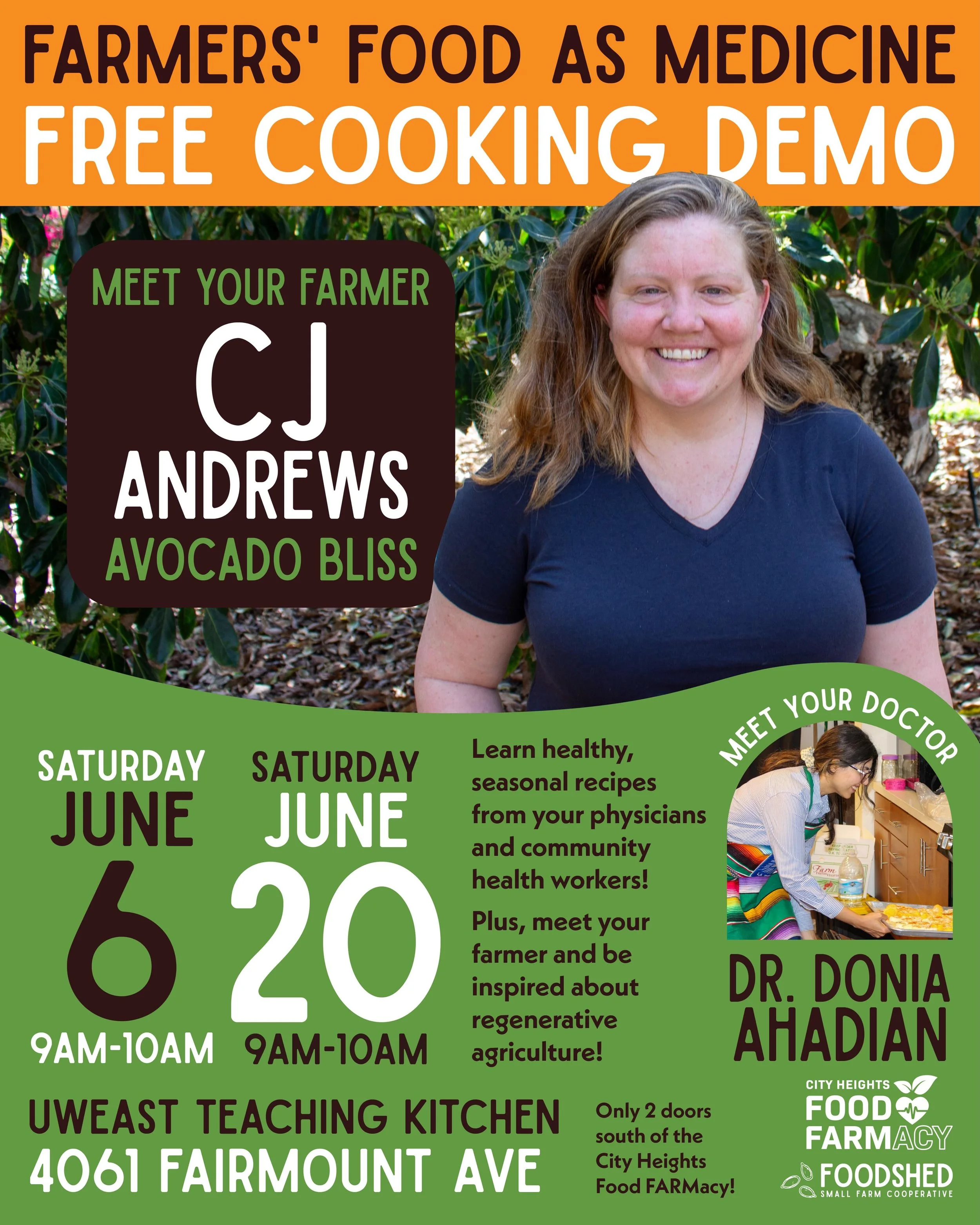 Meet the farmer joining us for our last 2 FREE cooking demos of the season: CJ of @avocadoblissretreat 🥑

Avocado Bliss was once an abandoned orchard. Now, with regenerative farming, Farmer CJ is bringing the land back to life. Each season, the soil