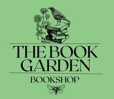 The Book garden Logo, a bird standing on a pile of books in a garden