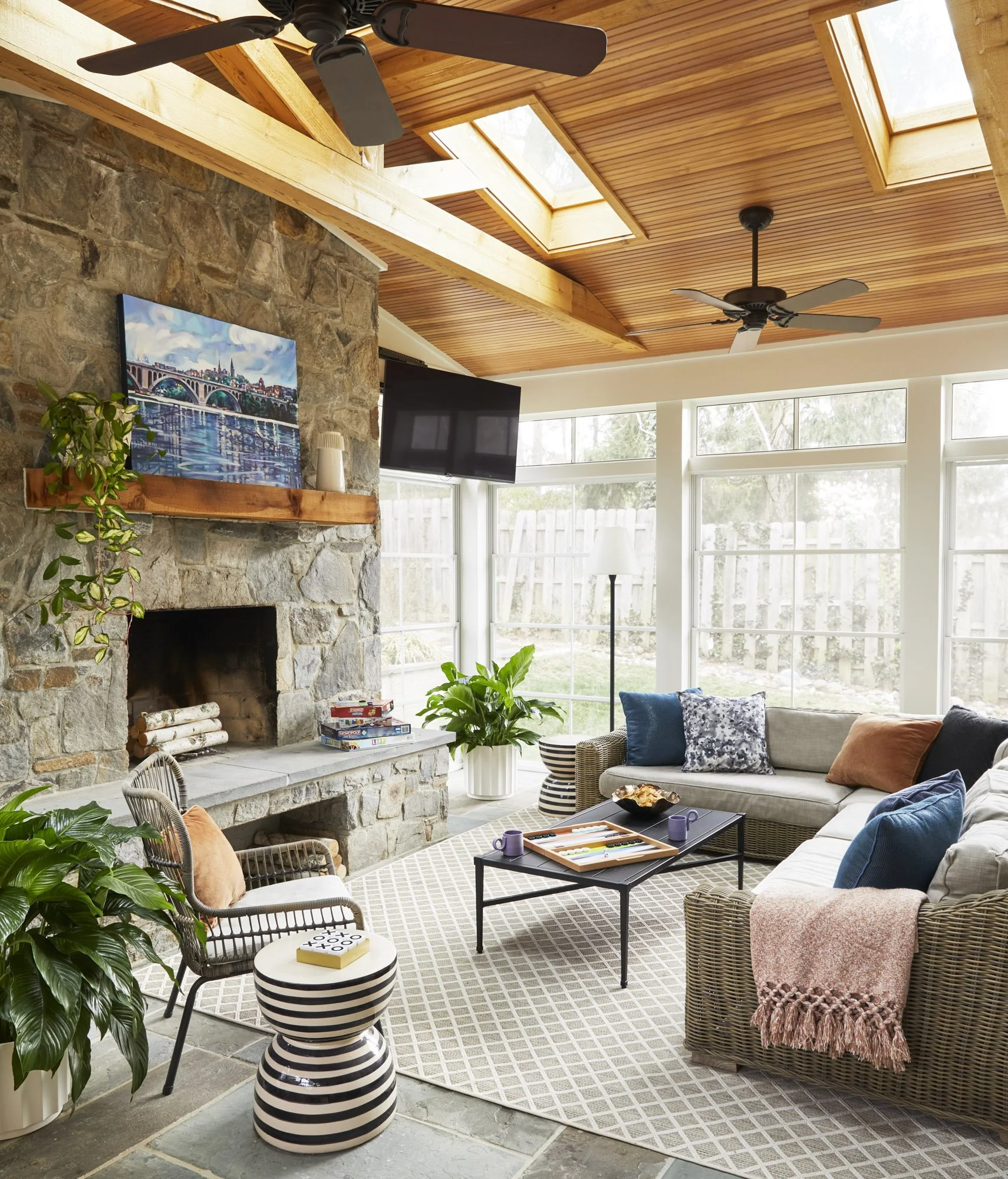 Sunroom with a stone fireplace, gray sectional, wicker furniture, skylights, exposed beams, and large garden-facing windows.
