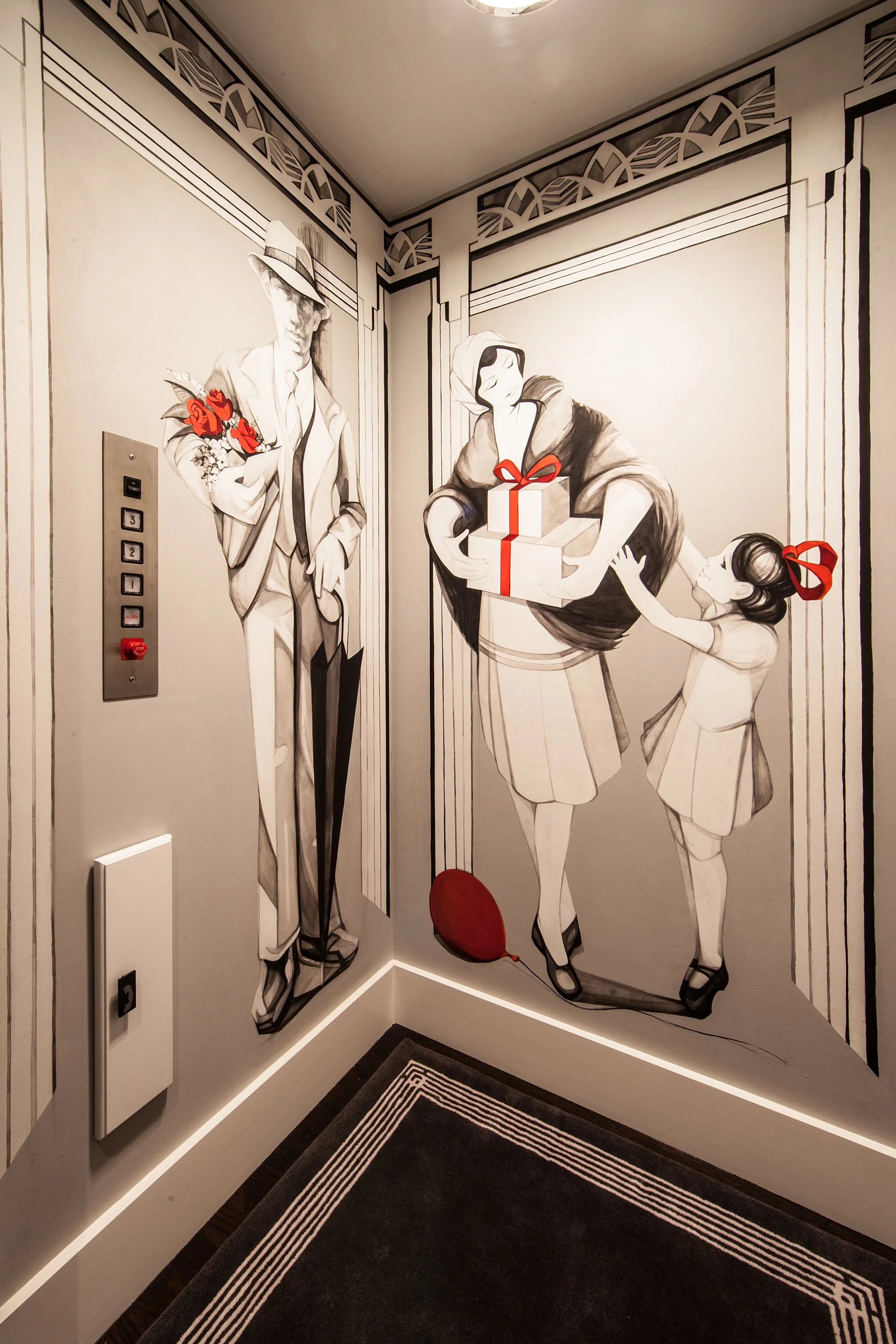 Custom Art Deco-inspired elevator mural depicting a man with flowers, a woman holding gifts, a child, and a red balloon.