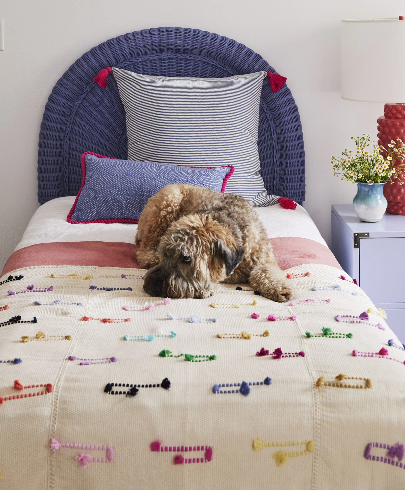 Dog resting on a boys’ bed styled with an RB Curated patterned bedspread, blue striped pillow, and a small vase of daisies.