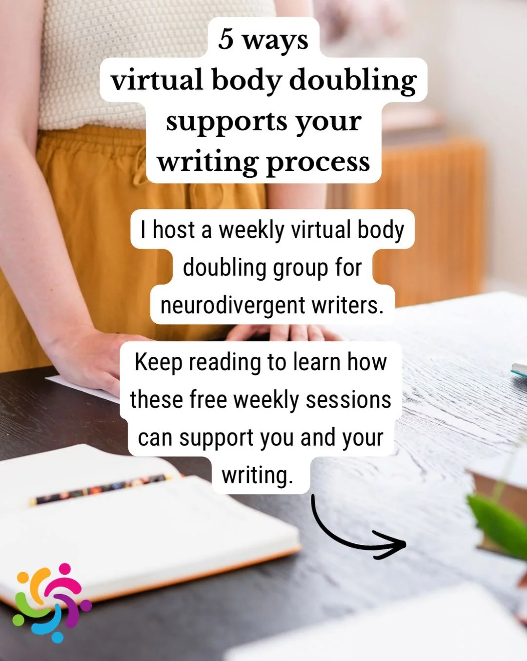 👯 Free virtual body doubling provides external structure and (gentle) accountability to help you build momentum and establish a routine, all while participating in a community of neurodivergent writers and creatives. 

Let's conquer task initiation 