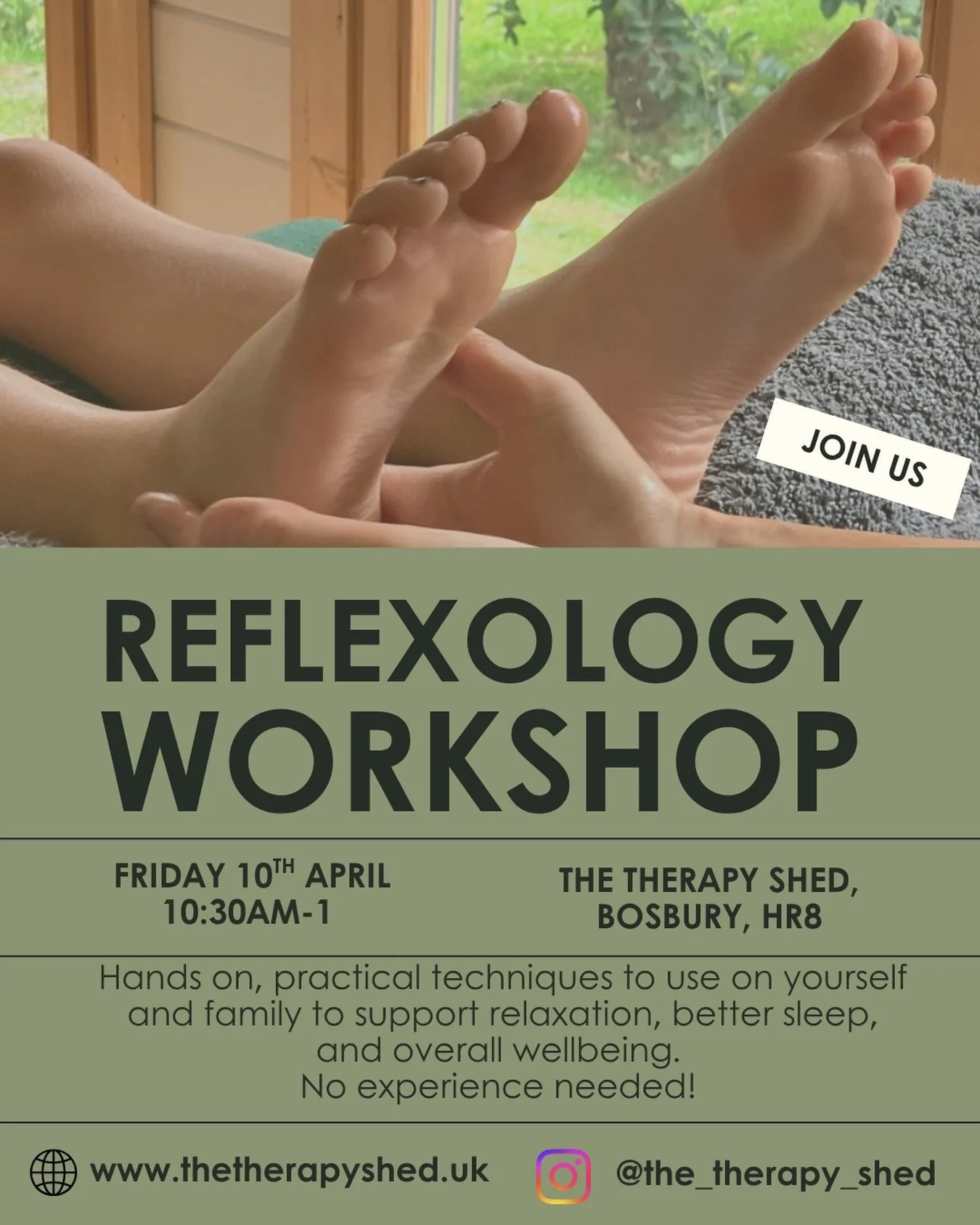 One week to go!  2 places left! 💚

Looking forward to my Reflexology Workshop! 🍃

A half-day small group workshop designed to give you simple, practical tools that you can use on yourself or your family to support relaxation, better sleep, and over