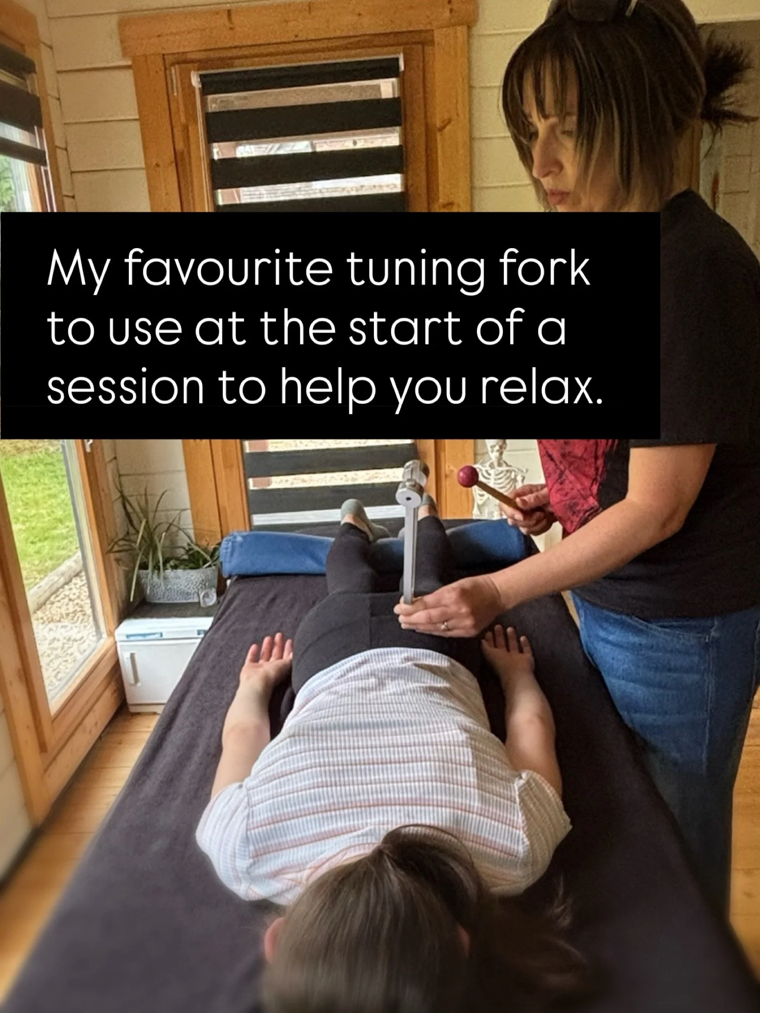 Tuning fork magic. ✨ 

Different frequencies do different things.  Weighted forks, like this one, can be used directly on the body and the feel of tiny vibrations combined with the sound is deeply relaxing. 

This is my favourite tuning fork to use a