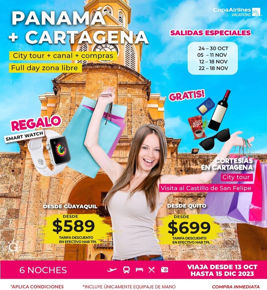 En NOVIEMBRE aprovecha est&aacute; incre&iacute;ble promoci&oacute;n! Panam&aacute; de compras + Cartagena 🛍️

- Boletos a&eacute;reos
- Traslados
- Alojamiento
- City tour + canal
- Castillo San Felipe

📧Correo: soltouringagency@gmail.com
📱WhatsA