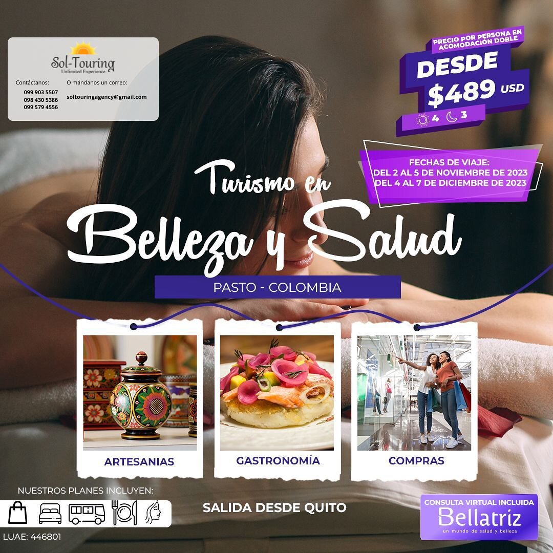 &iexcl;ESTE NOVIEMBRE! 
Sal de la rutina e invierte en ti y tu bienestar! 🧖🏼🧖🏻&zwj;♀️✨

- D&iacute;a especial spa Bellatriz
- Tour de compras
- Lago San Pablo
- Cuicocha
- Cotacachi
- Santuario Las Lajas
- Transporte
- Alojamiento 
- Comidas

📧C