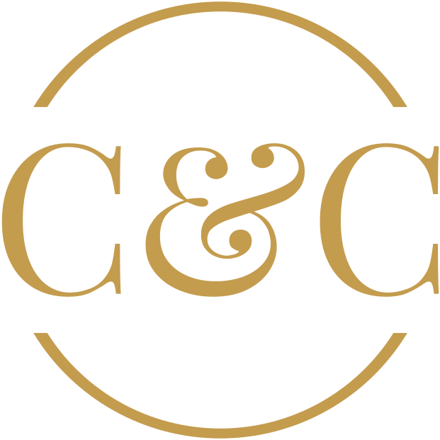 A black background with a gold circular logo containing the initials C & C in the center.