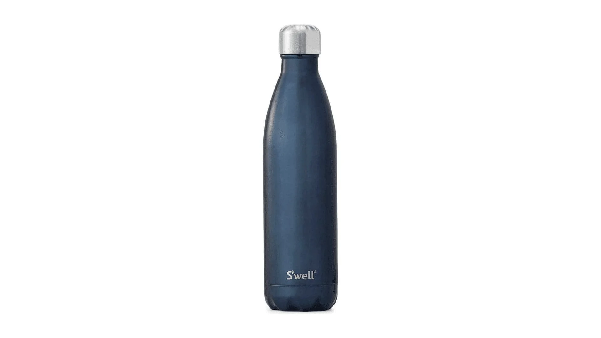 A sleek, dark blue S'well stainless steel water bottle with a silver cap, standing upright against a white background.