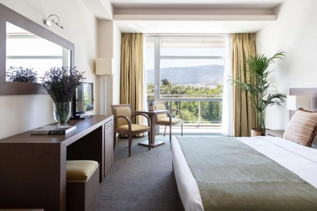 A hotel room with a bed, a large window with curtains and a view of trees and mountains, a desk with a chair, a TV, a standing lamp, and a potted plant.