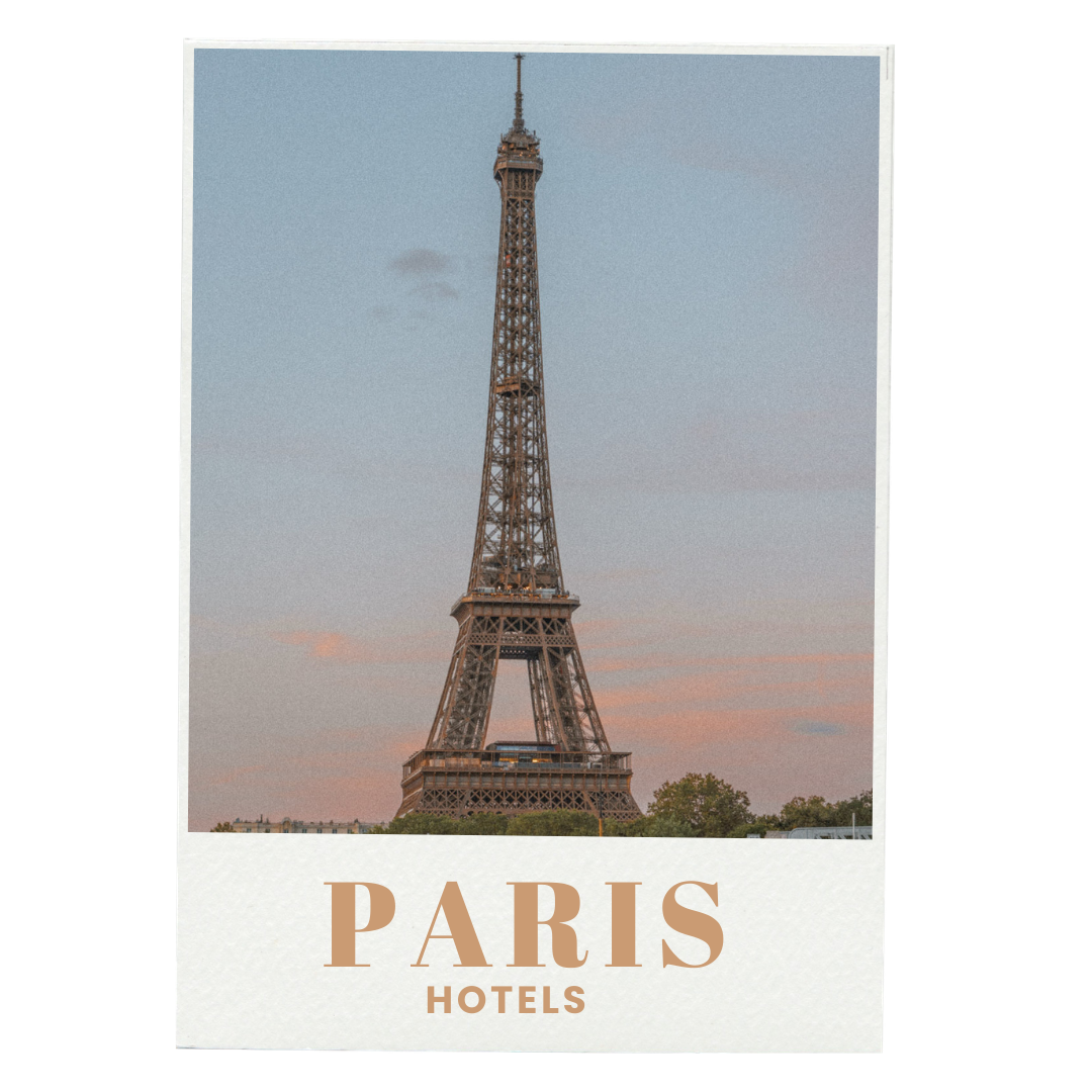 A photo of the Eiffel Tower in Paris during sunset with pink and blue sky, with text overlay that says "Paris Hotels" in beige and brown.