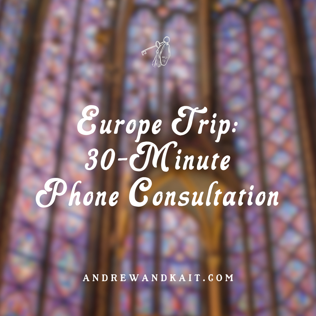 Blurry stained glass windows in a church or cathedral with overlaid text about a Europe trip consultation.