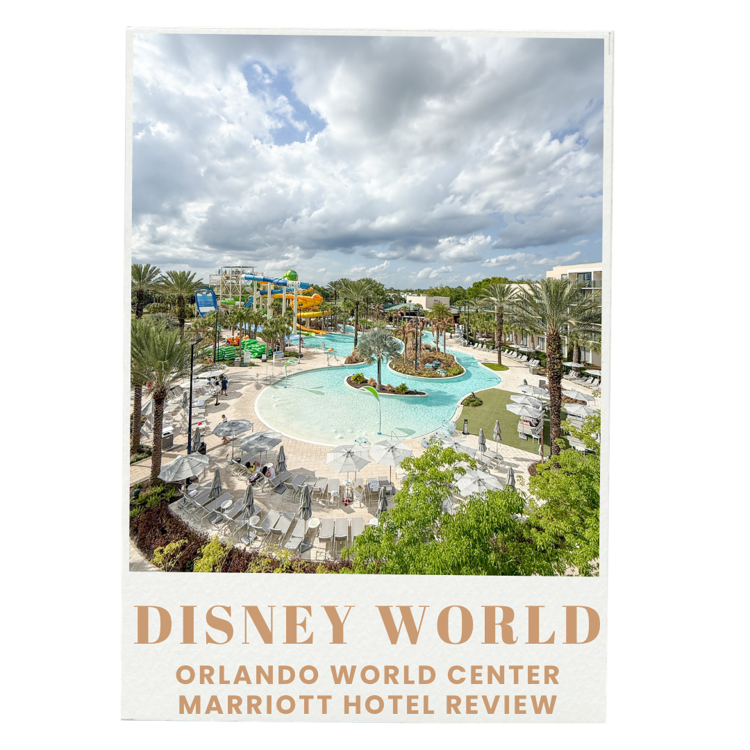 A view of Disney World's outdoor pool area with water slides, palm trees, lounge chairs with umbrellas, and cloudy sky on a sunny day.
