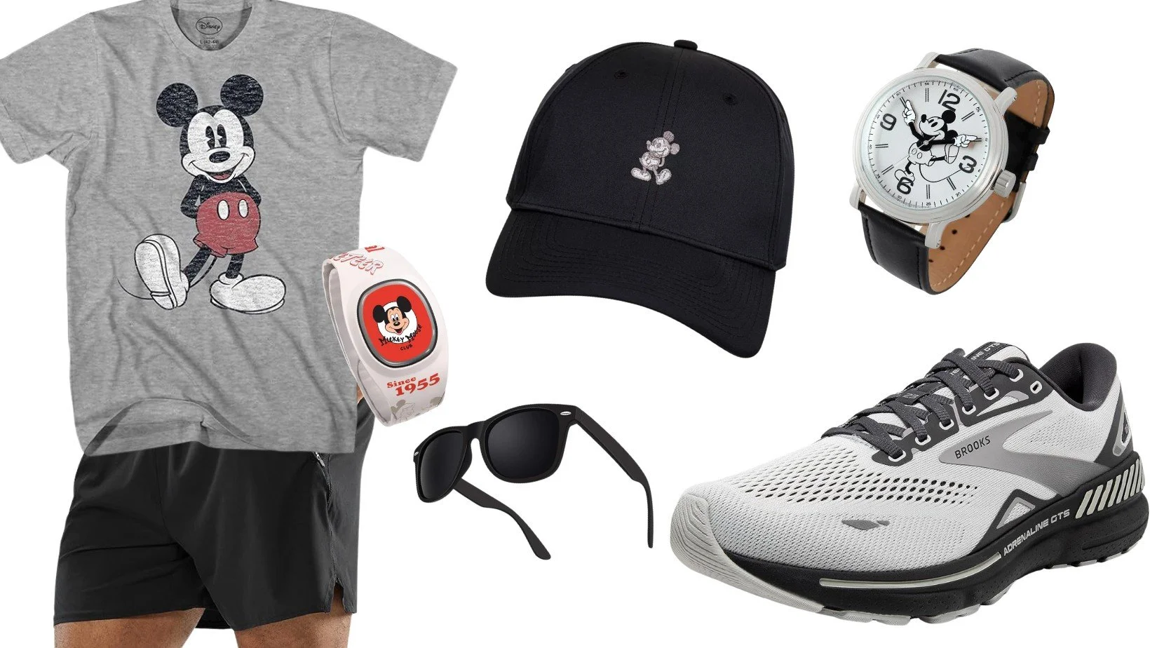 Collection of Mickey Mouse themed items including a gray T-shirt with Mickey Mouse graphic, a black baseball cap with Mickey Mouse embroidery, a Mickey Mouse watch, Mickey Mouse themed wristband, sunglasses, athletic shoes, and black shorts.