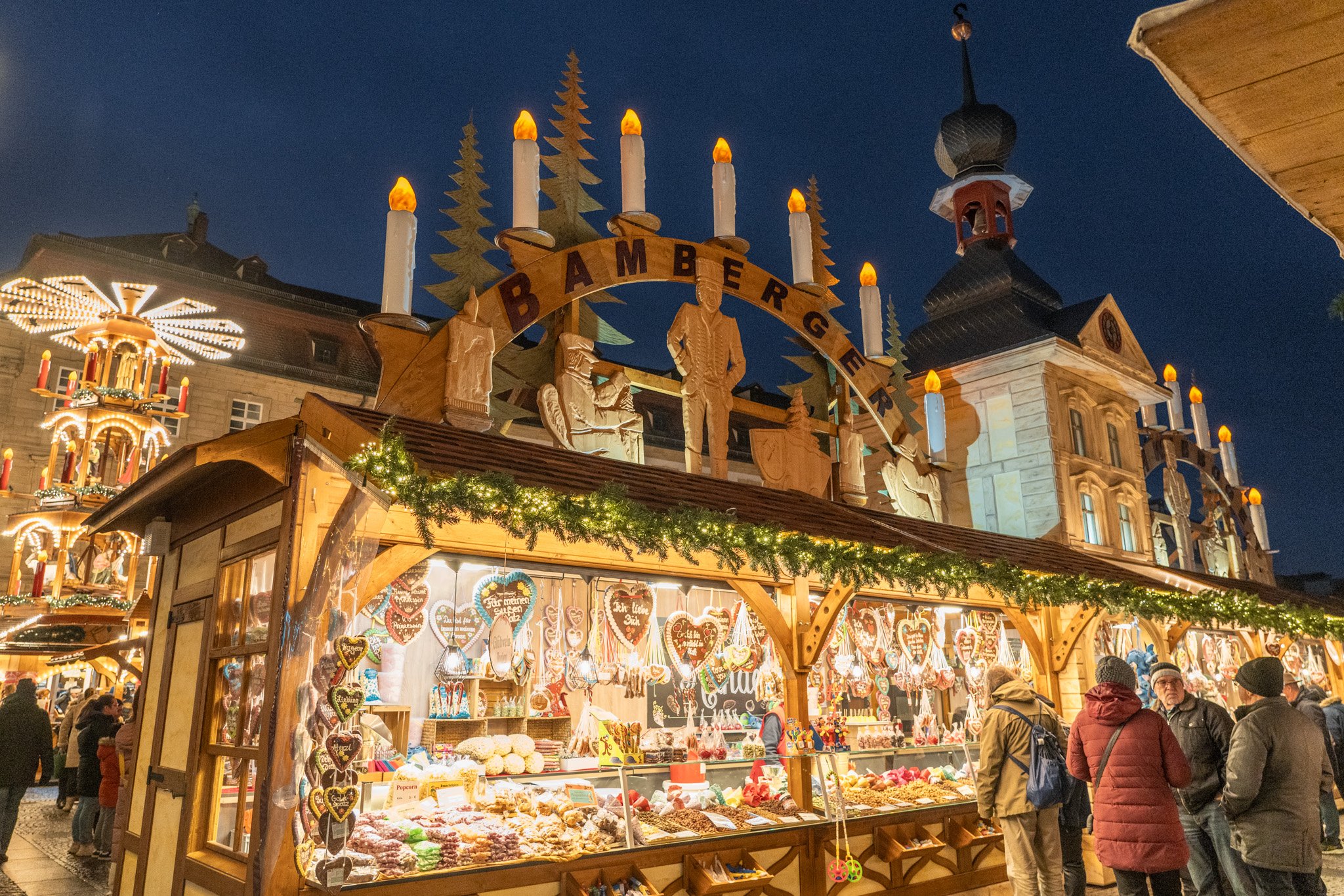 Wooden Stalls at night at the Bamberg, Germany Christmas Market