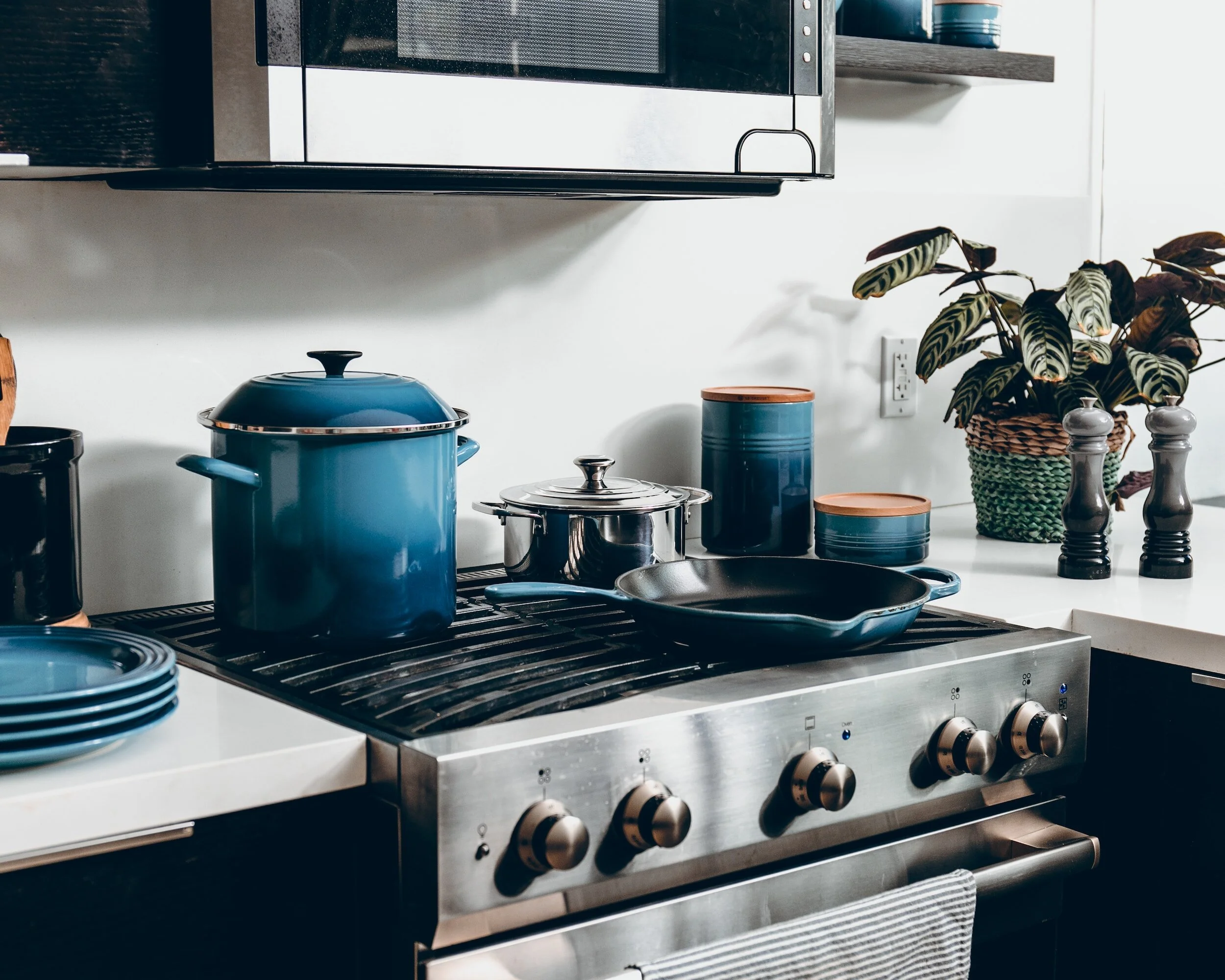 Modern kitchen with stainless steel stove, blue pots and pans, countertop with potted plant, spice containers, and pepper grinders.