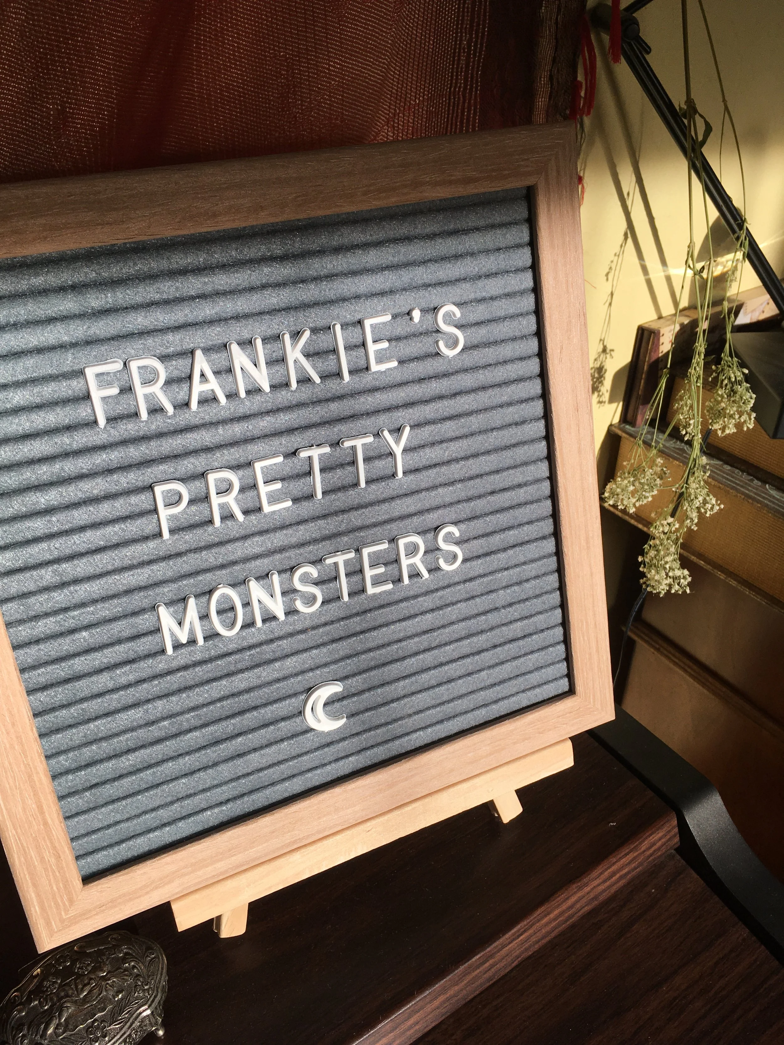 The words, "Frankie's Pretty Monsters" is spelled out in white letters on a brown and gray letterboard sign.