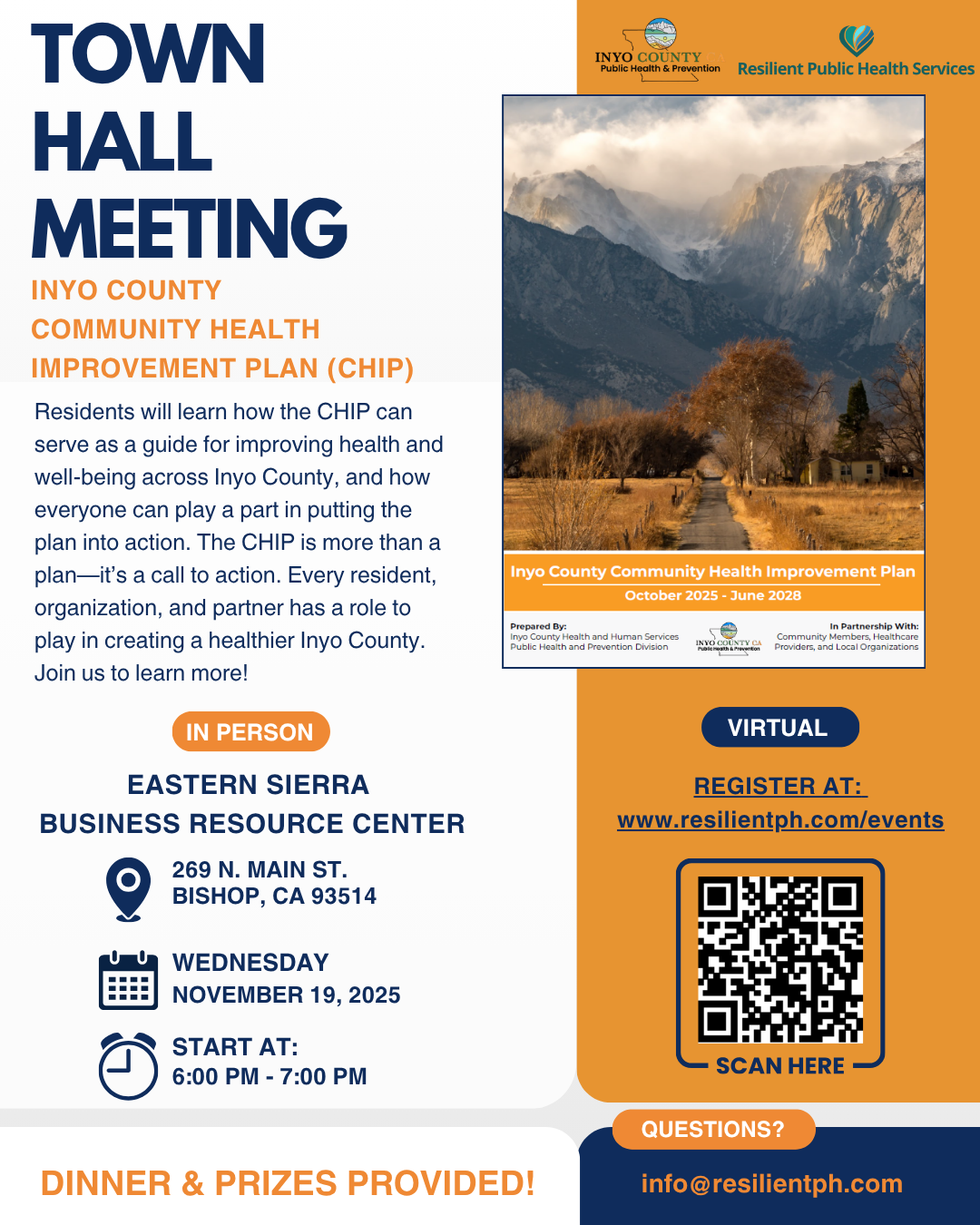 poster to advertise a town hall in Bishop, California that will explain Inyo County's community health improvement plan for years 2025 through 2028