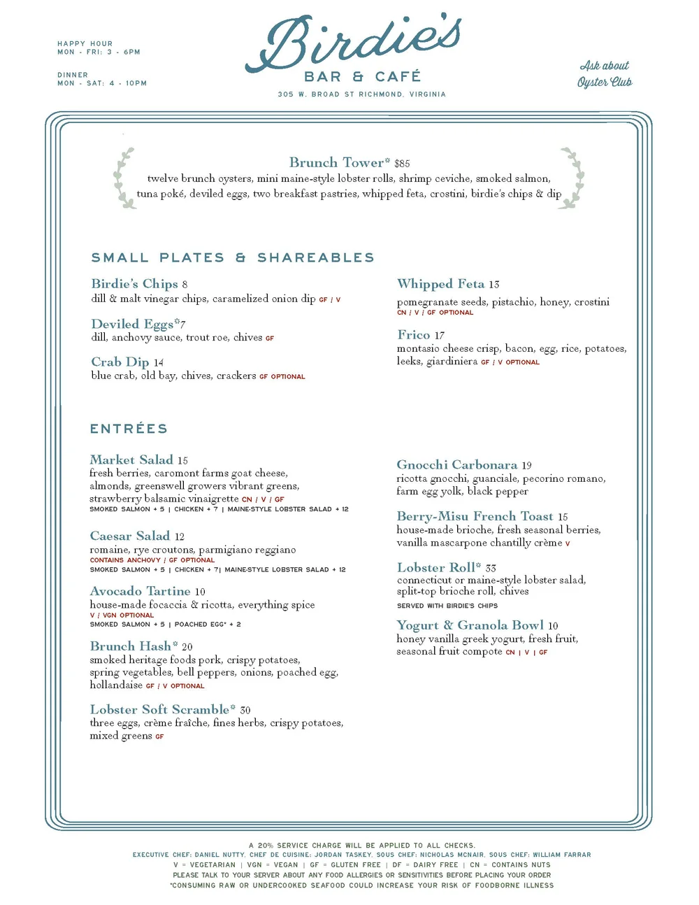 Menu — Birdie's Bar & Café