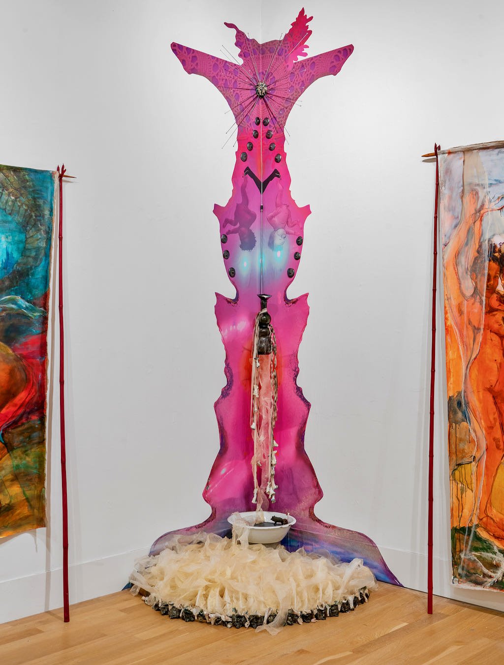 Requiem After a Storm, 2023
Altar featuring digital painting with porcelain, hog gut, silk, encaustic, plastic
pigs, metal basin, radio antennas
11’ x 5’ x 4.5’