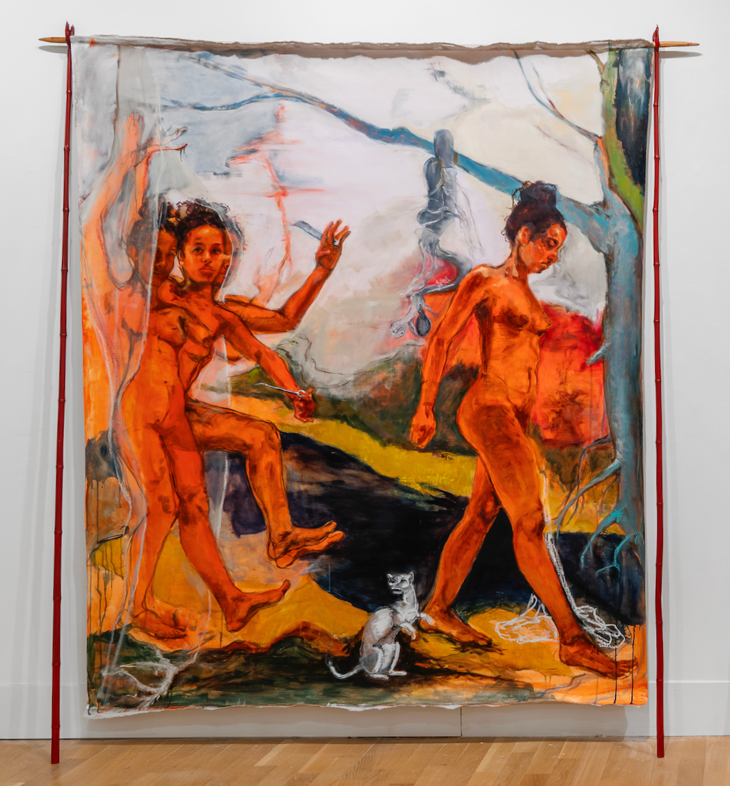 Of Skins and Pelts, 2023
Oil on linen with wood and ceramic supports 86 x 70”