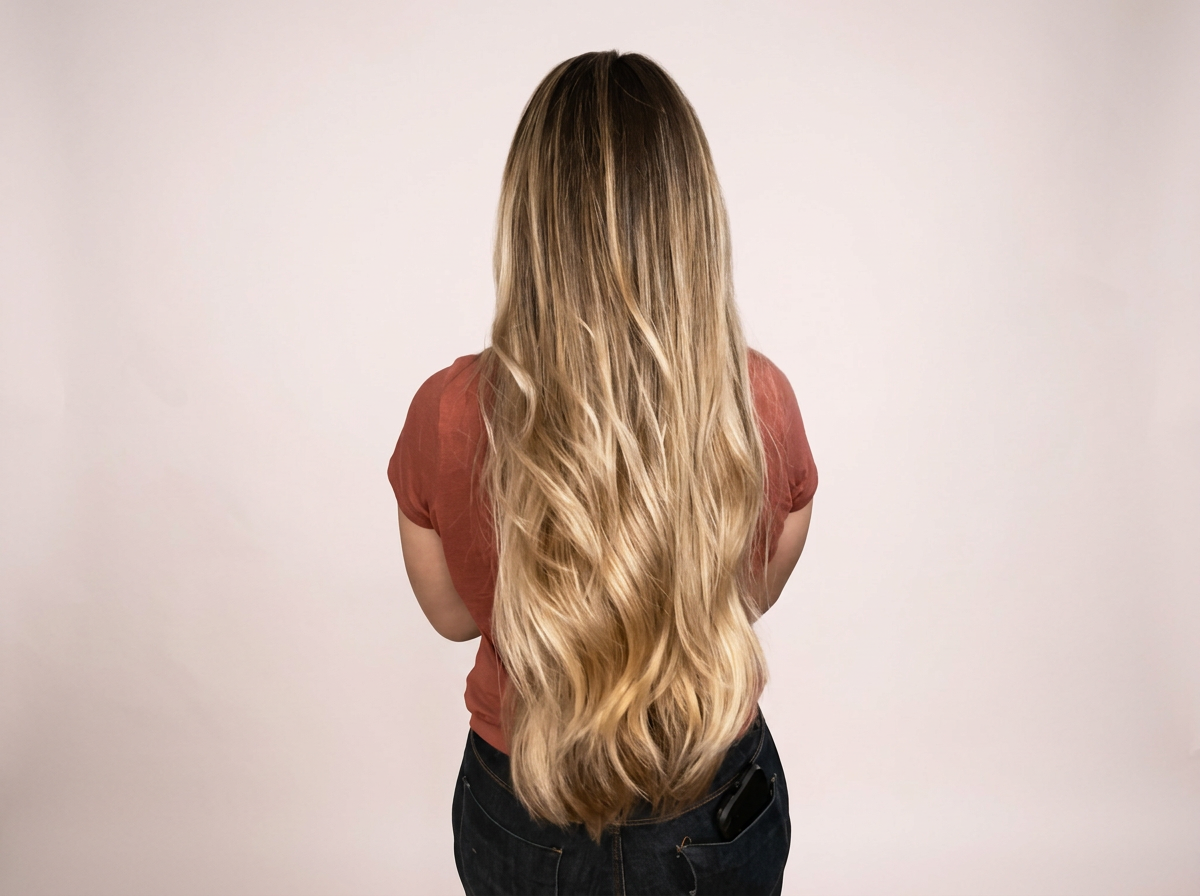 Long layered haircut with wavy blowout hairstyle