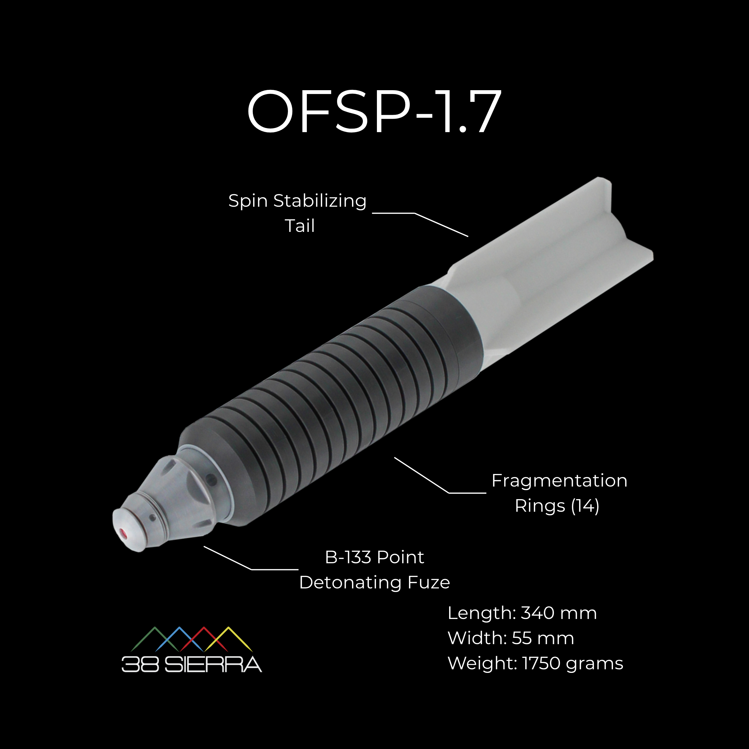 close-up OFSP-1.7 inert replica showing UAV fragmentation munition features dimensions and scale