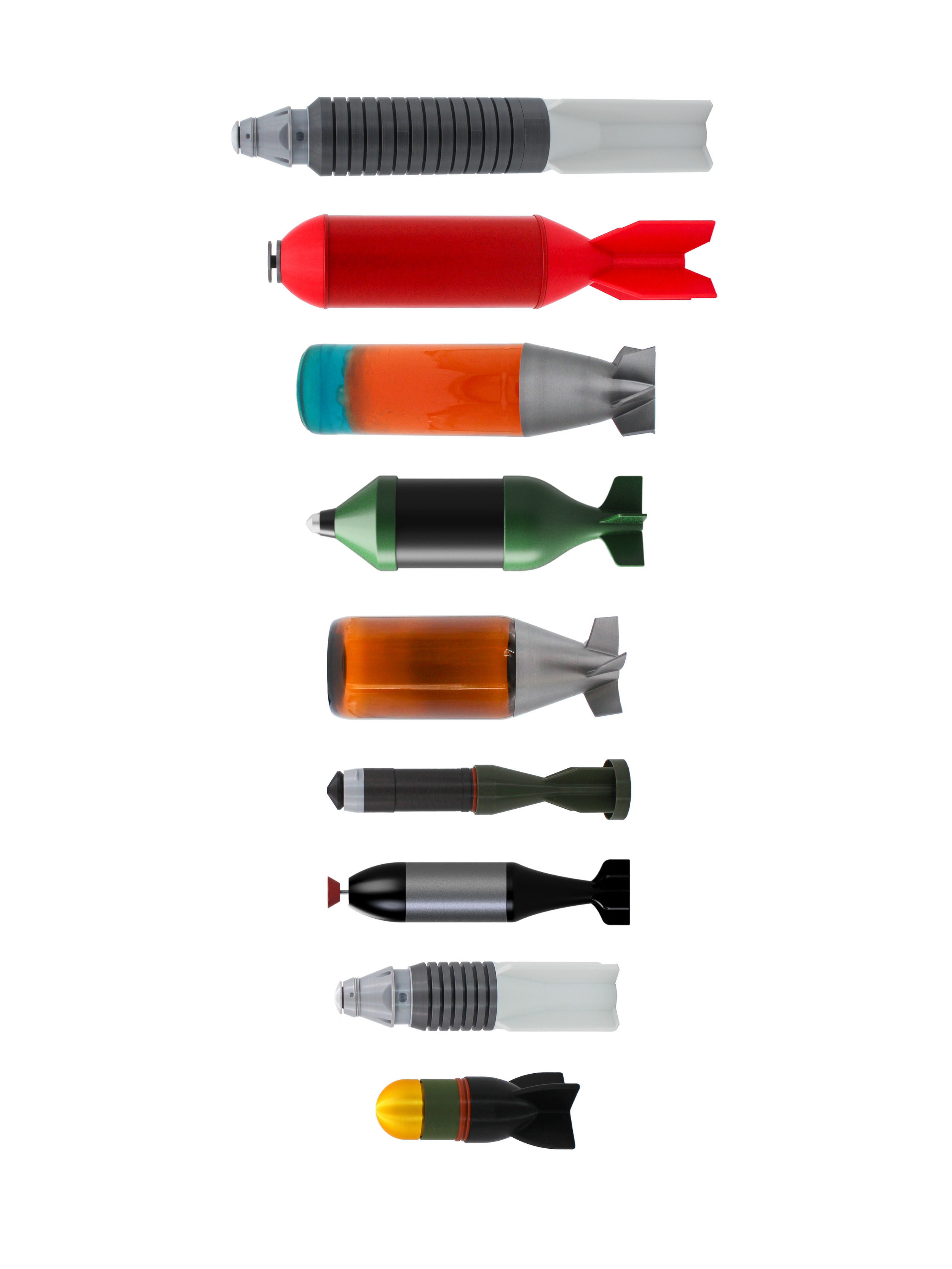 Inert replicas of drone dropped munitions for counter-UAS response training.