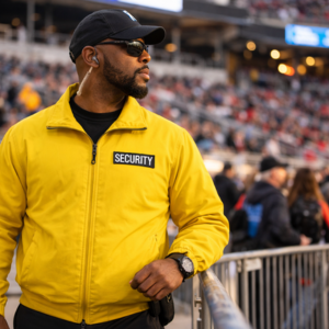 Event security personnel monitoring drone threat at large public gathering
