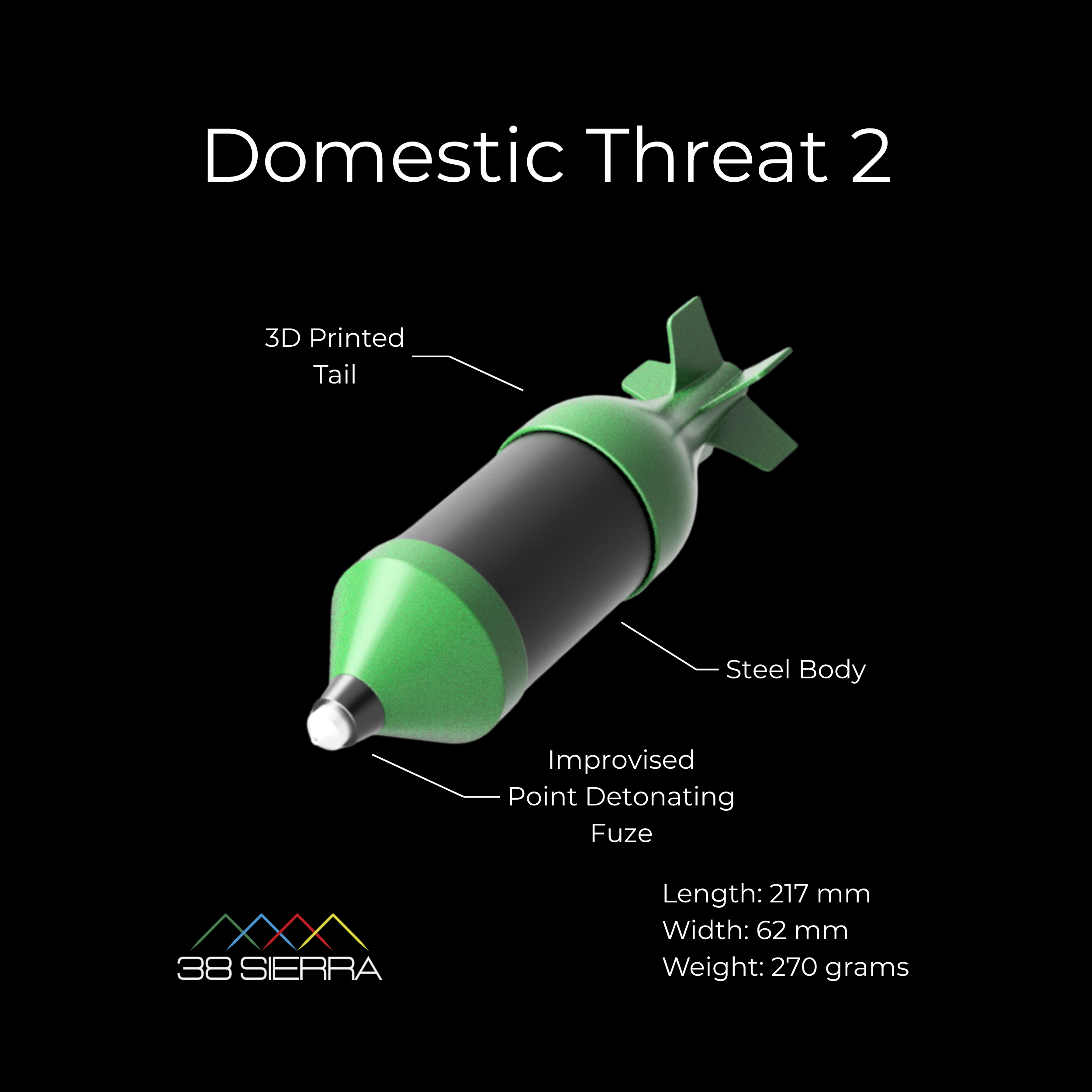 close-up improvised drone munition replica showing aerial IED characteristics features dimensions and weight