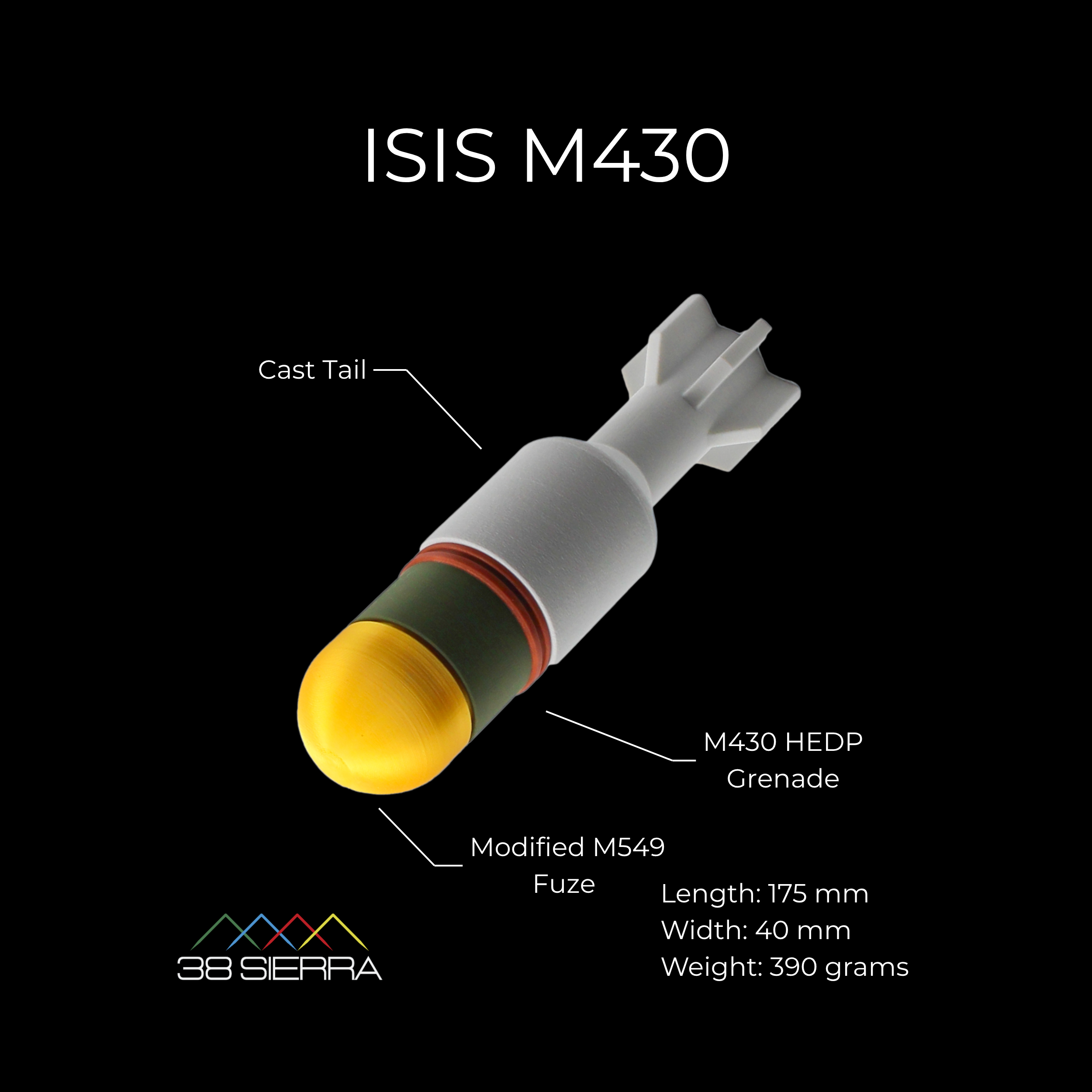 close-up M430 inert replica showing drone munition identification features dimensions and weight