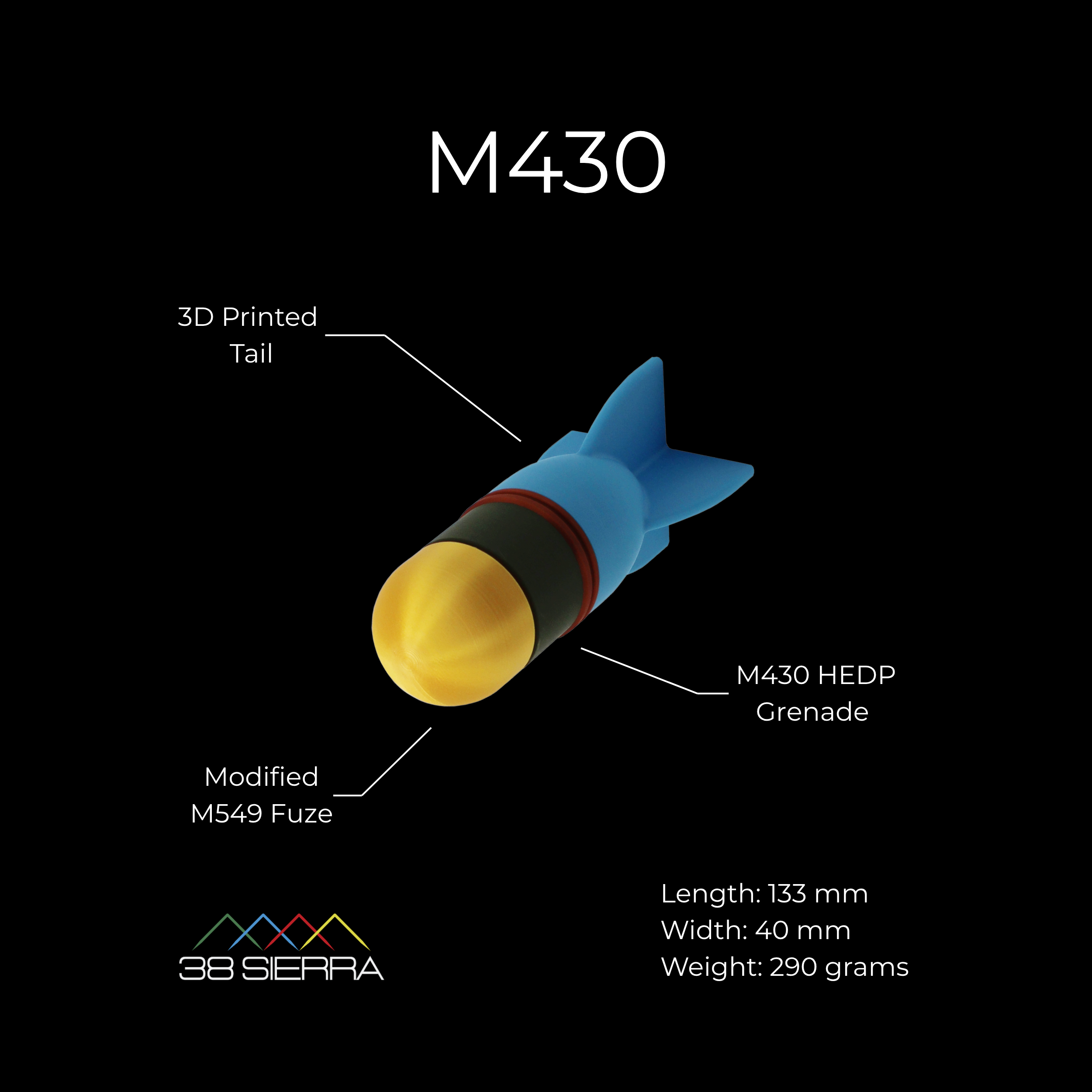 close-up M430 inert replica showing features and dimensions for drone munition identification training