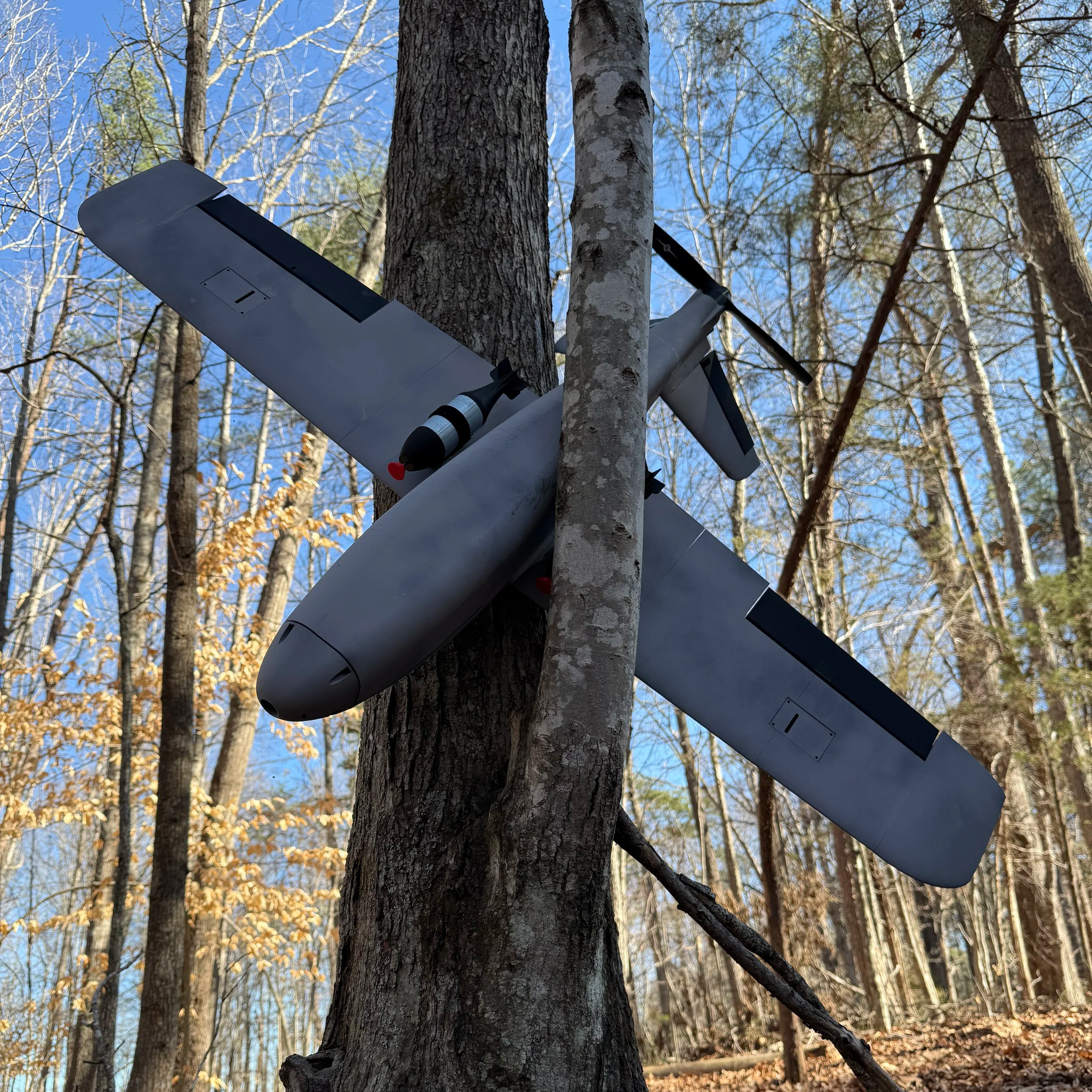 Fixed wing drone crashed carrying Domestic Threat bomblet inert training aids by 38 Sierra as part of grounded drone response training