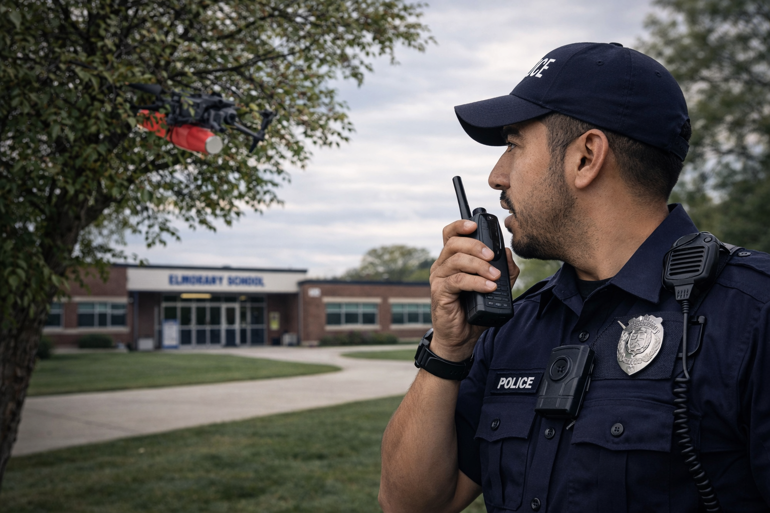 Grounded drone used in training scenario for military and law enforcement drone incident response