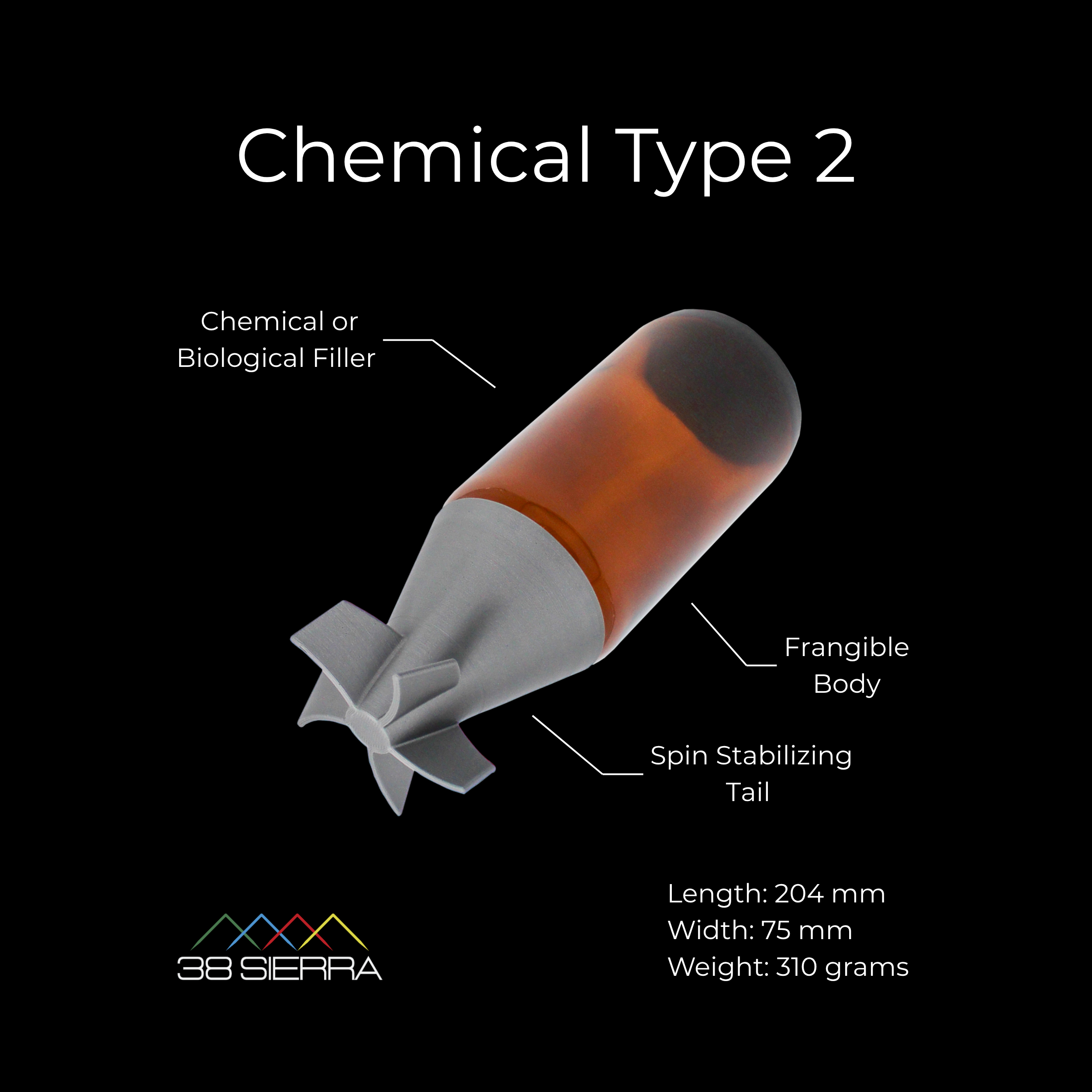 close-up chemical munition replica showing UAV dispersal system design features dimensions weights