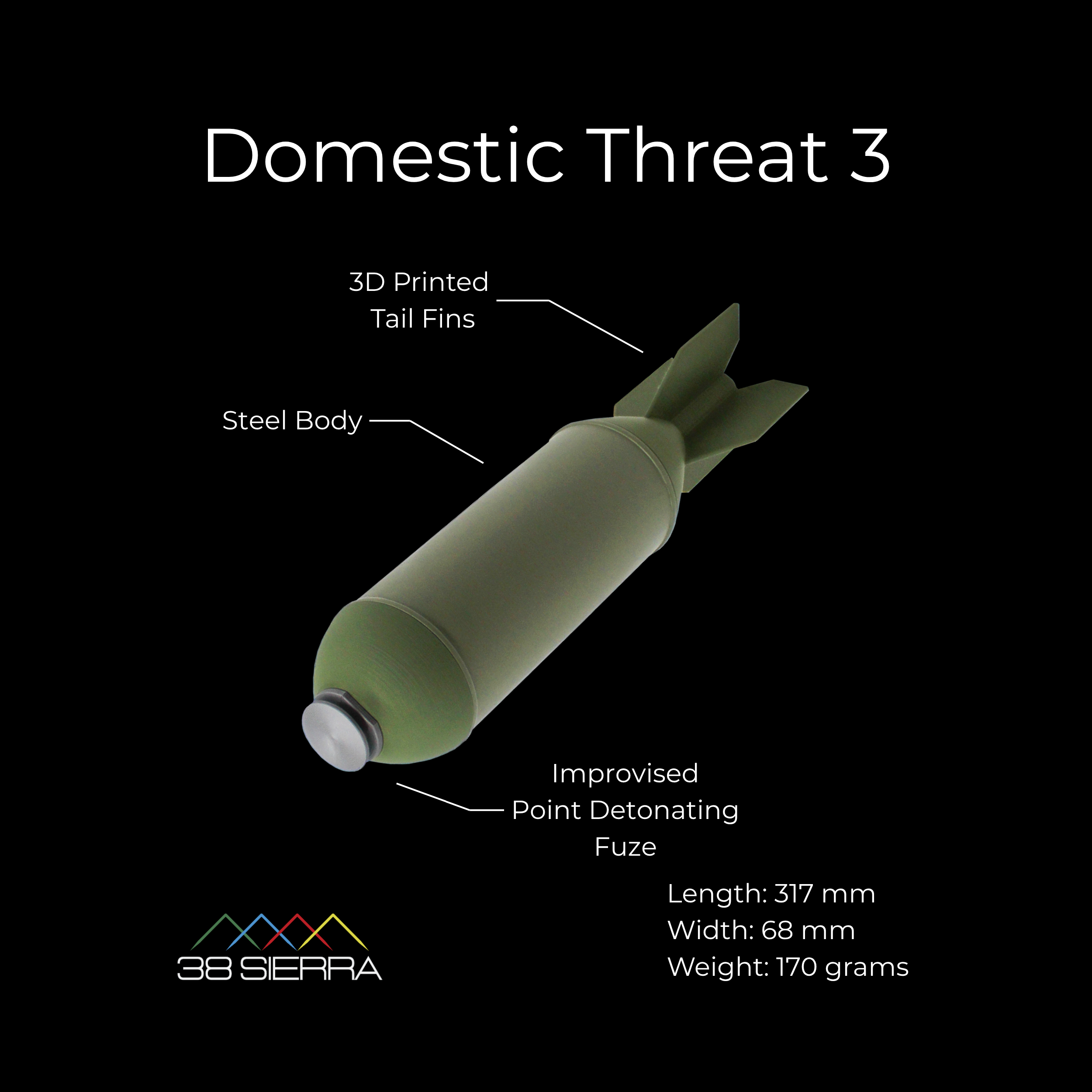 close-up large improvised drone munition replica showing aerial IED features dimensions and weight